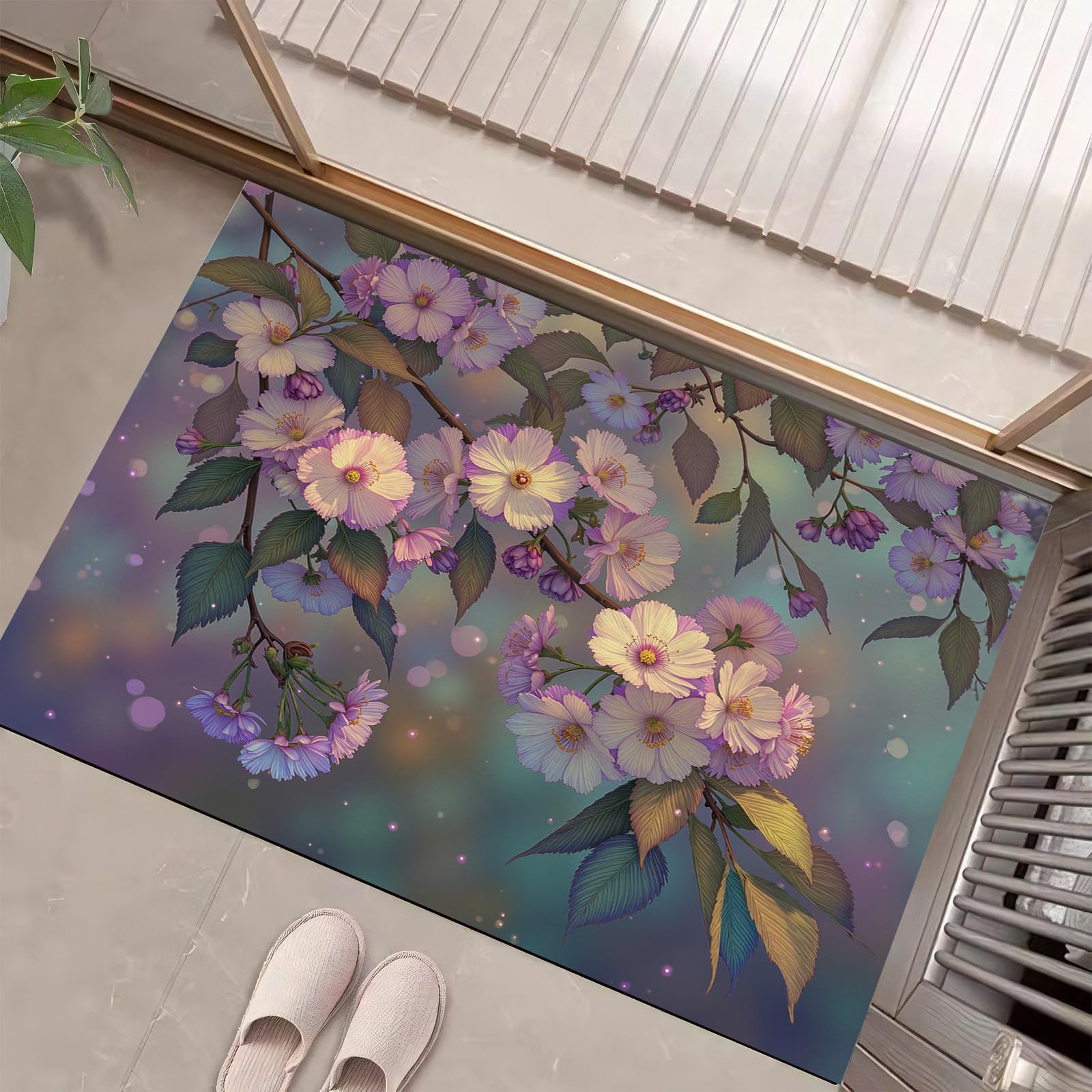 Alfombrilla para puerta interior que evita resbalones y decora con flores rosa