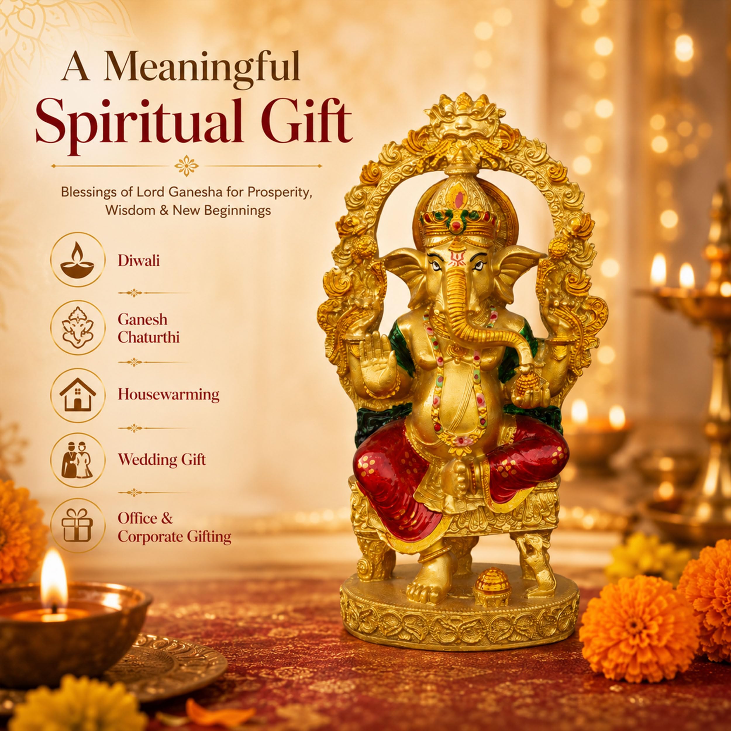 Gold Lord Ganesha Idol for Home Mandir Decor | 10 Inch Lacquer Coated Resin Ganpati Statue on Throne | Vinayaka Murti for Pooja Room Office Diwali Gift — photo — 6 of 7
