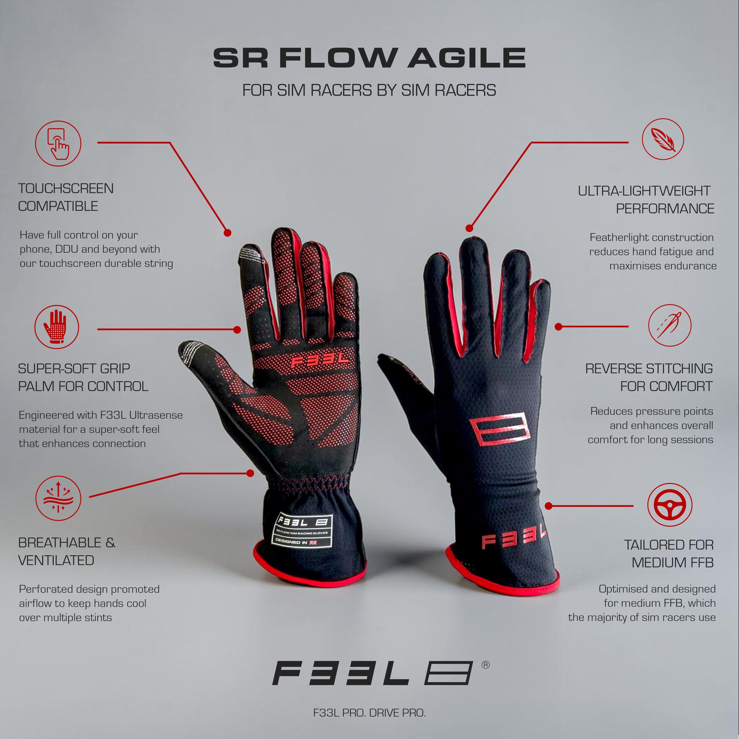 F33L Guanti da corsa SR Flow Agile Sim, palmo ultra leggero con impugnatura morbida