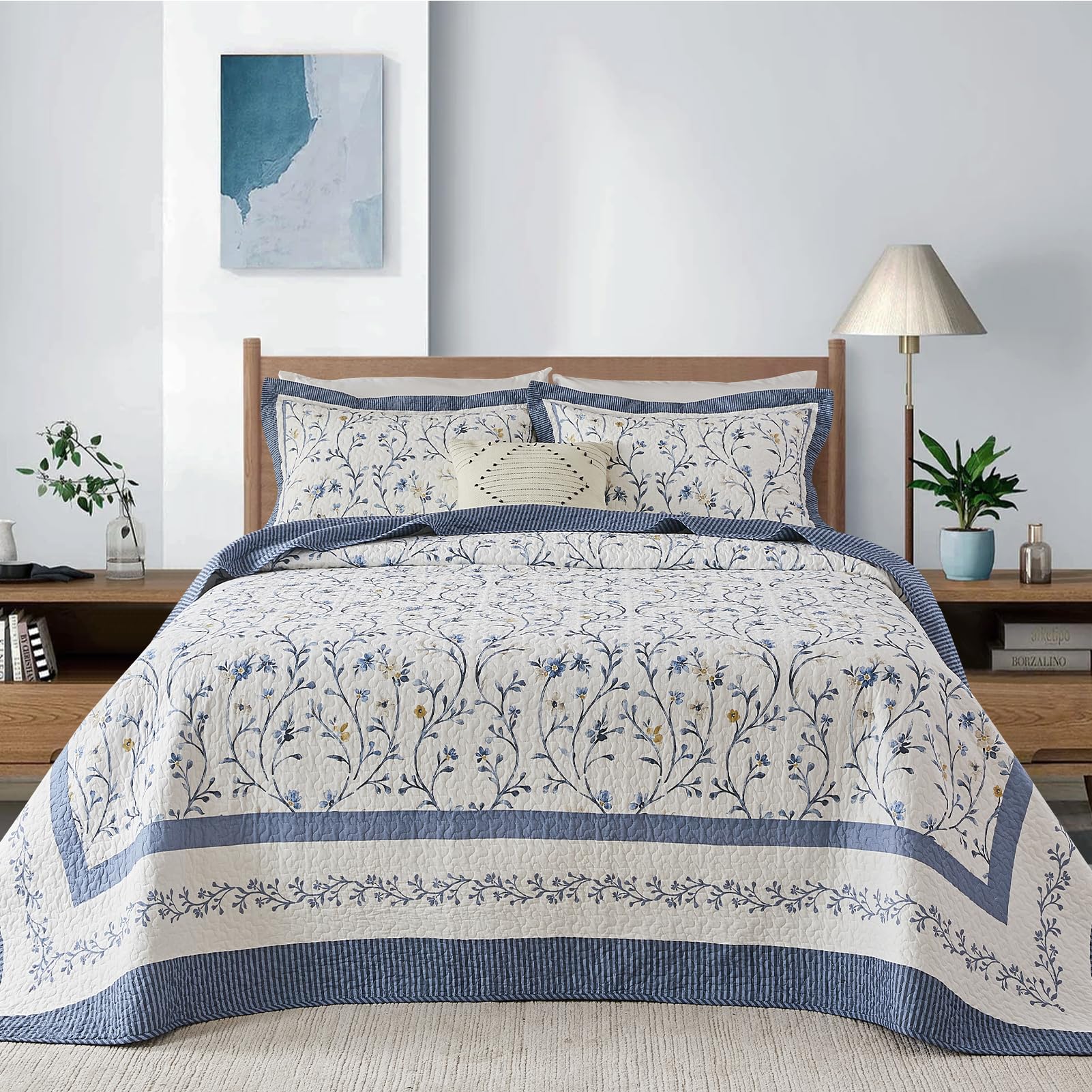 Oversized Quilt Bedspread Coverlet Set, 120"x120" 100% Cotton Super King Quilt, Botanical Pattern, Lightweight Quilted Reversible Bedding Set with 2 Pillow Shams, Blue/Yellow-picture-37