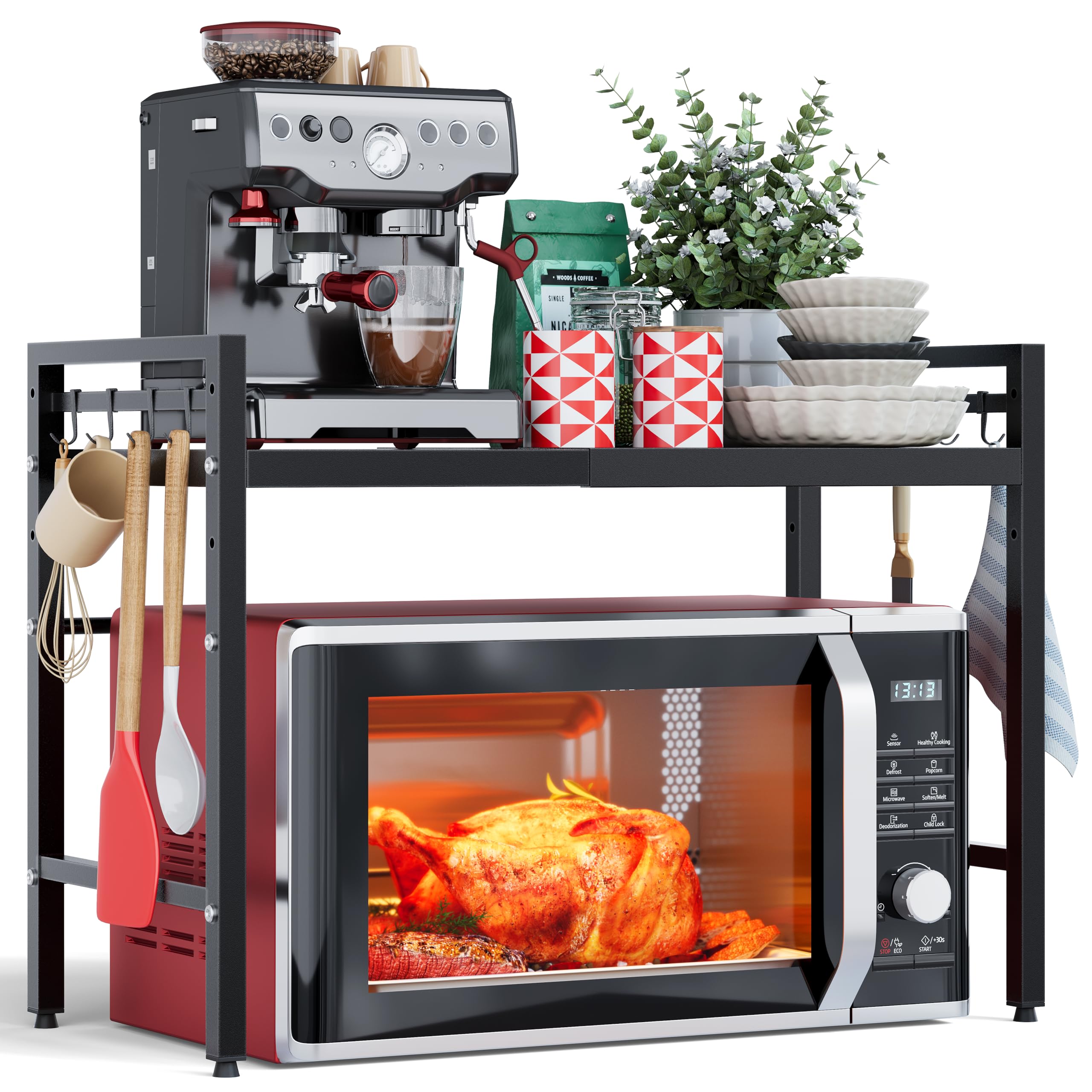 NETEL Soporte Extensible para microondas de 2 Niveles, Estante microondas encimera Ajustable, Soporte de Horno de Cocina, estanteria Cocina encimera, Organizador microondas con 8 Ganchos, Negro