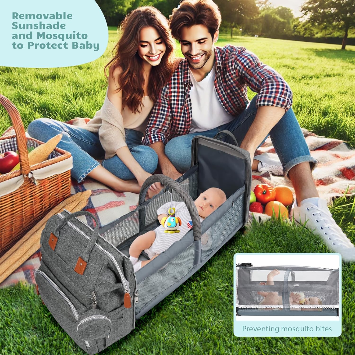 Diaper Bag Backpack for New Parents, Large Capacity Baby Travel Bag with Bottle Holders, Multiple Compartments (Grey)