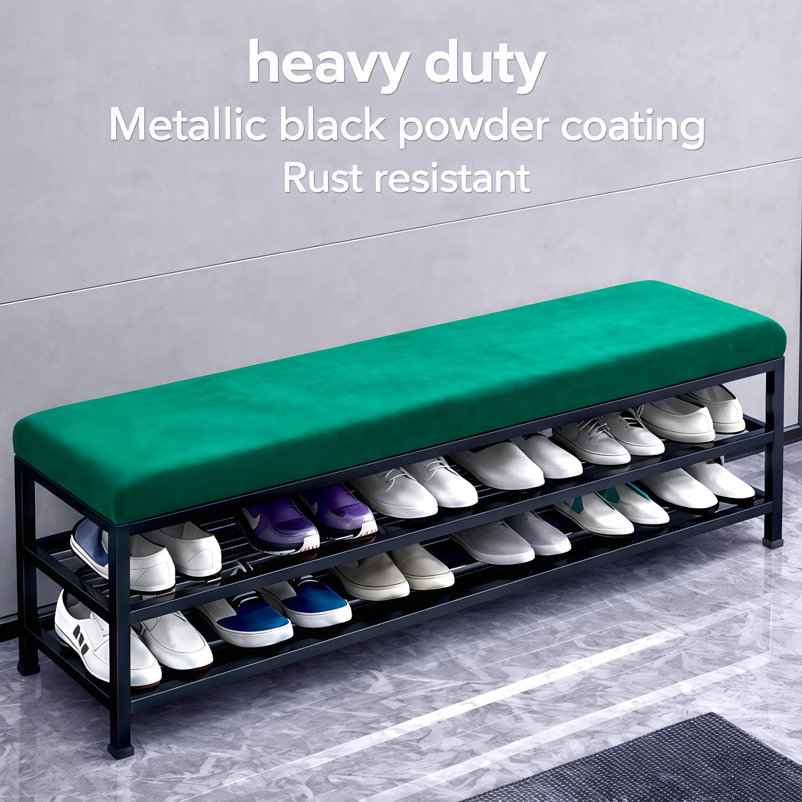 Modern Metal Shoe Rack Bench with Cushion Seat, 2-Tier Entryway Shoe Storage Organizer (76 x 36 x 45 cm) (Green, Metallic Powder Coating) 2