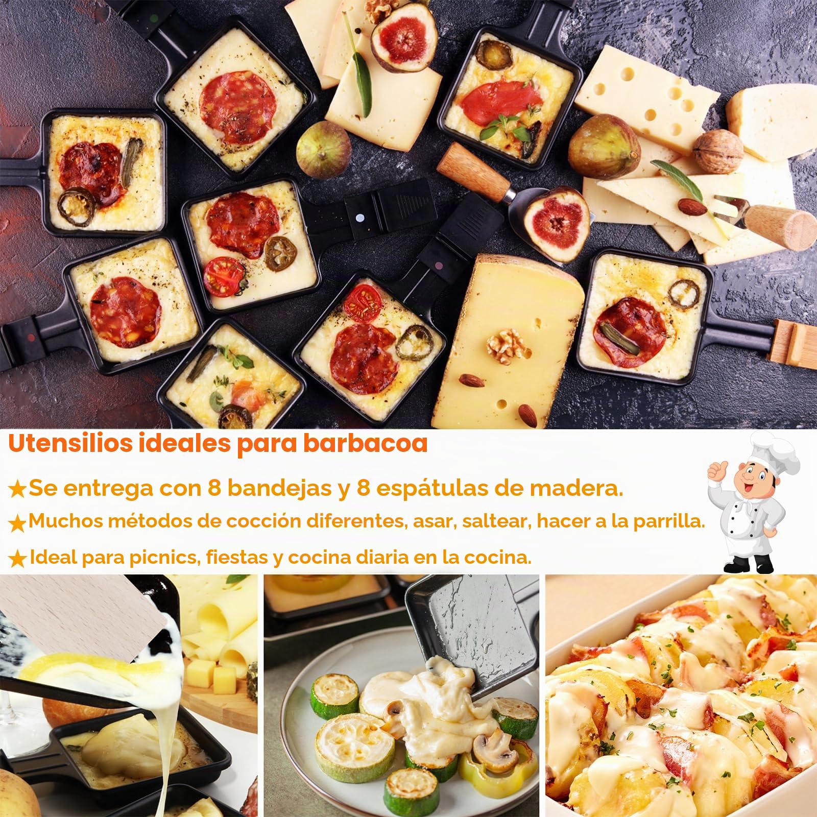 UISEBRT Parrilla Raclette 1400W Parrilla eléctrica para 8 personas Parrilla de mesa incl. losa de granito y plancha antiadherente Barbacoa eléctrica para fiesta de Navidad - Negro