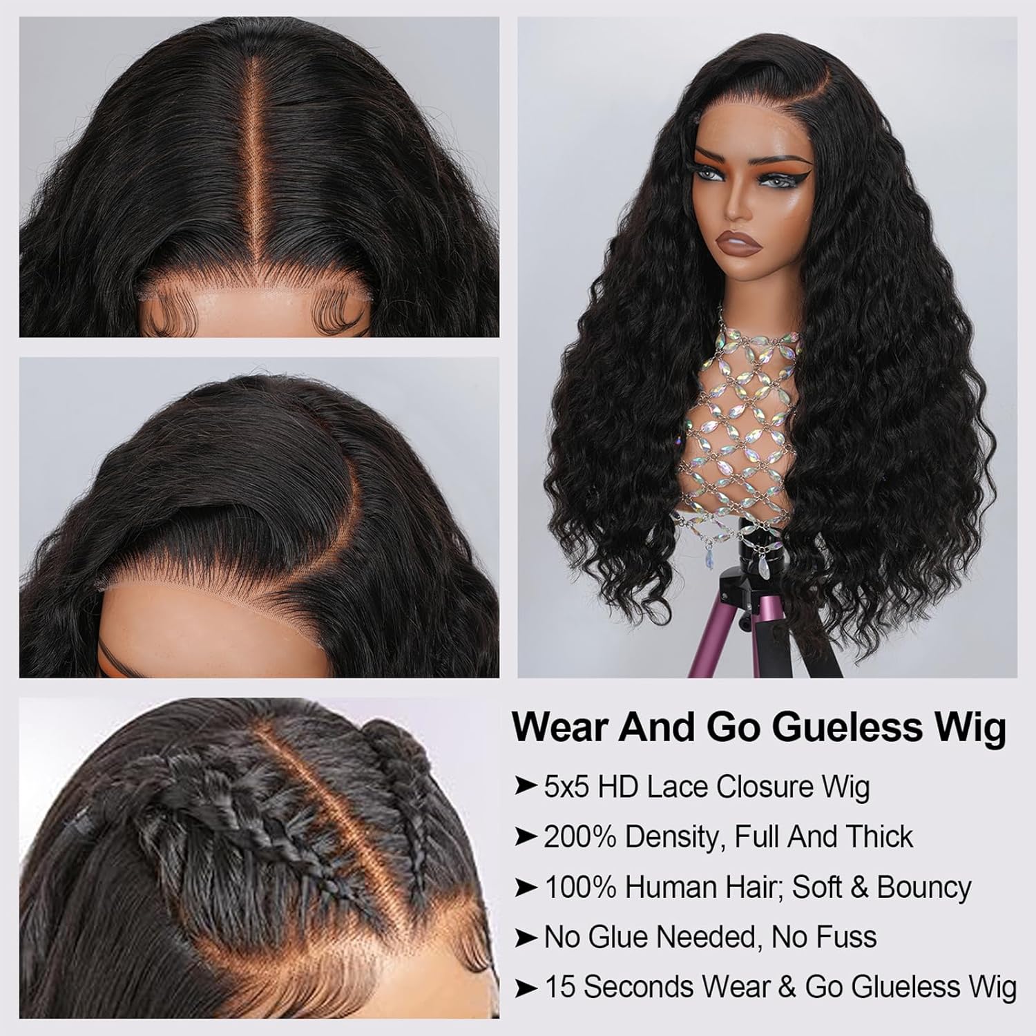 Loose Wave Wear And Go Glueless Wigs Human Hair Pre Plucked Pre Cut 200% Density 12A Loose Deep Wave 5x5 HD Lace Closure Wigs Human Hair No Synthetic Blend Reusable 3X Longer Lifespan (26 Inch)
