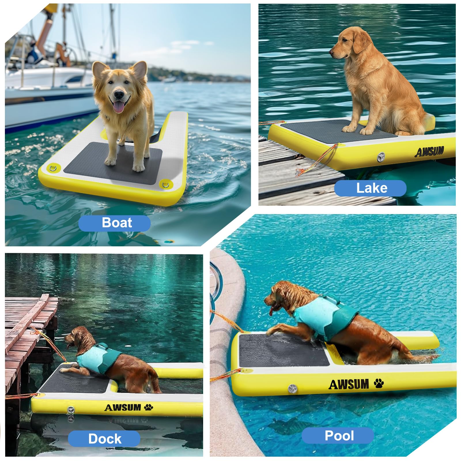 AWSUM 150x100x15cm Rampe d'eau Gonflable pour Chien Watersports Planche pour Chiot Planche Gonflable avec Tapis antidérapant pour Piscine et Lacs