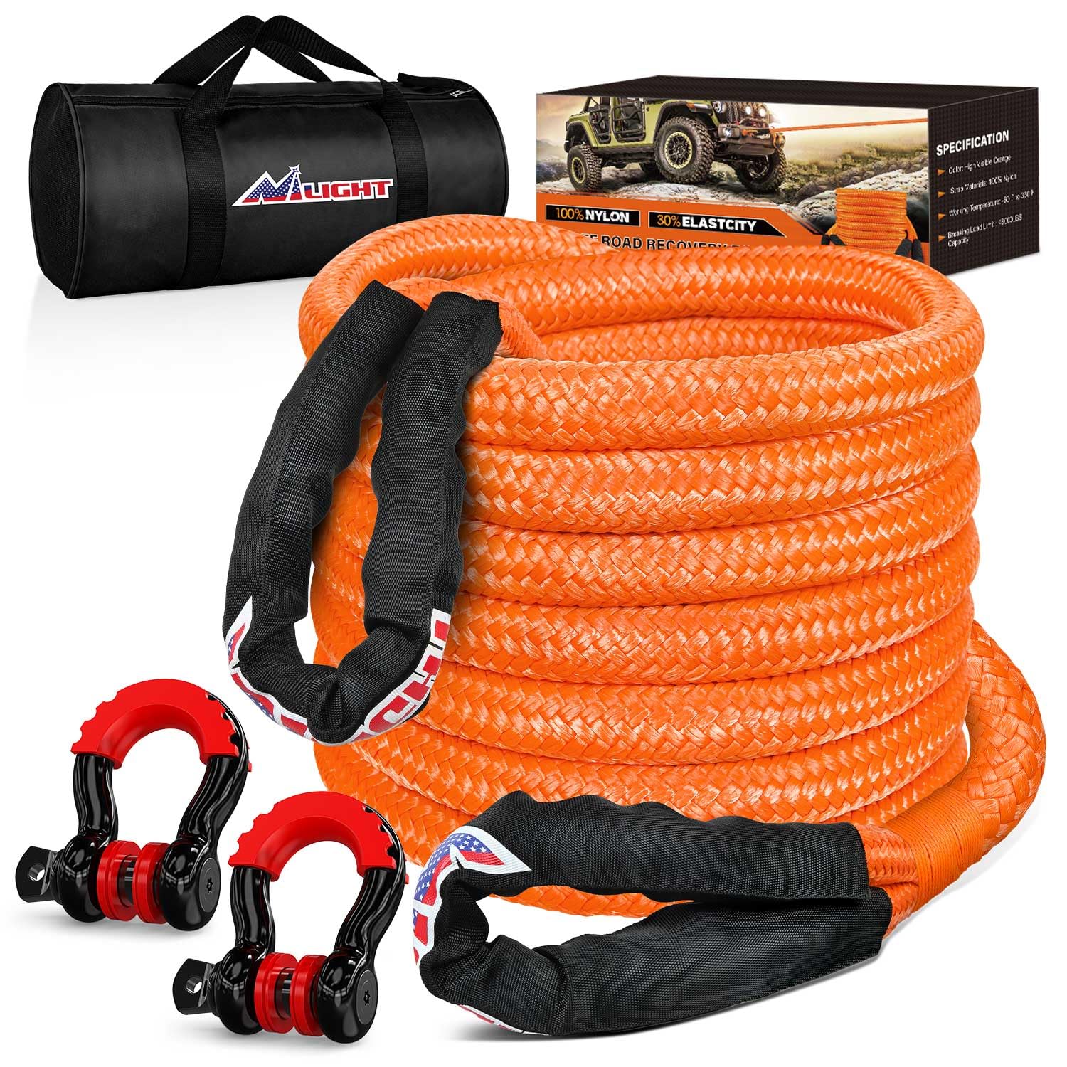 Nilight Kinetic Recovery Rope Kit with D-Ring Shackle Towing Strap