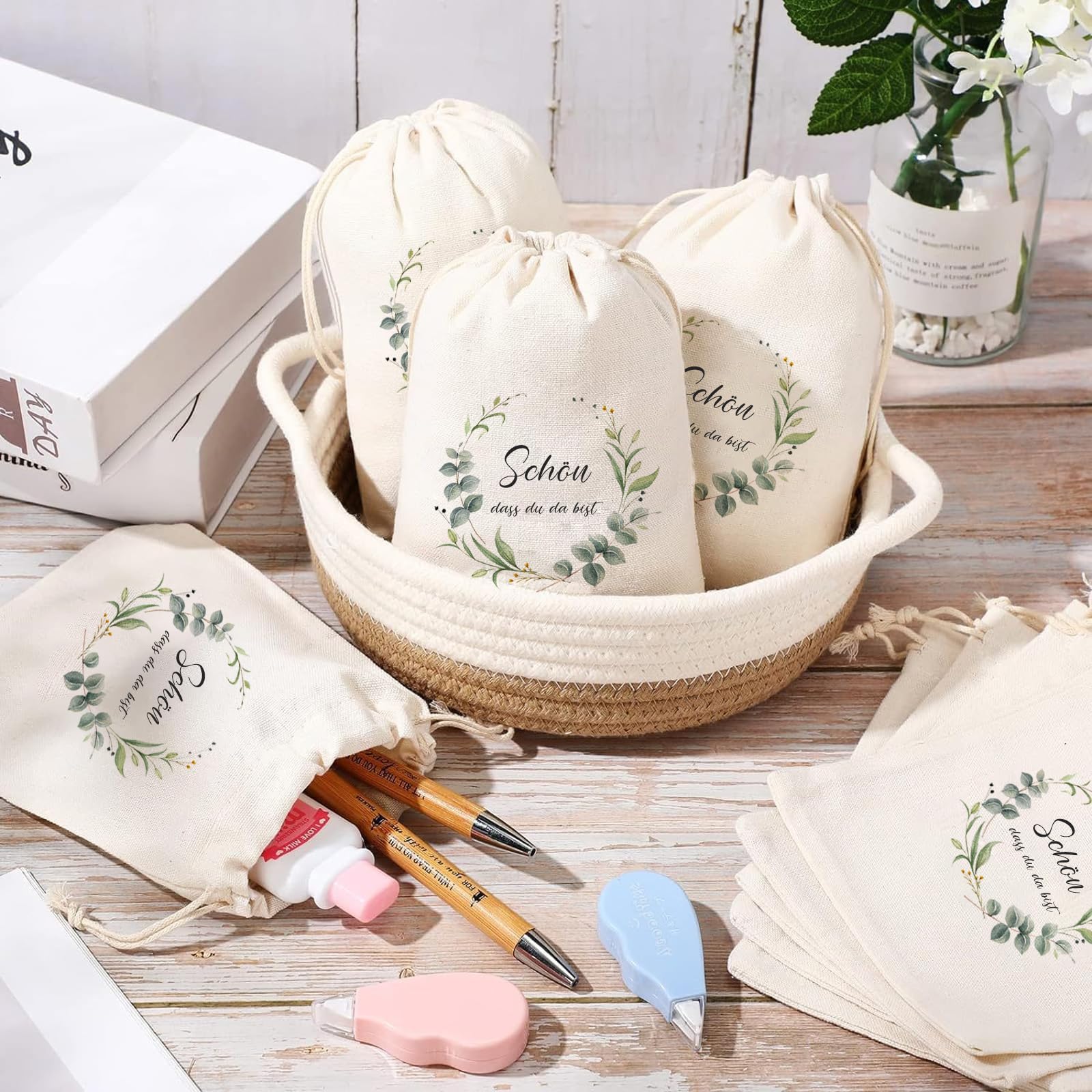 20 Stück Baumwoll-Säckchen 'Schön Dass Du Da Bist' - 10x15 Cm, Mit Kordelzug, Für Gastgeschenke Hochzeit Taufe