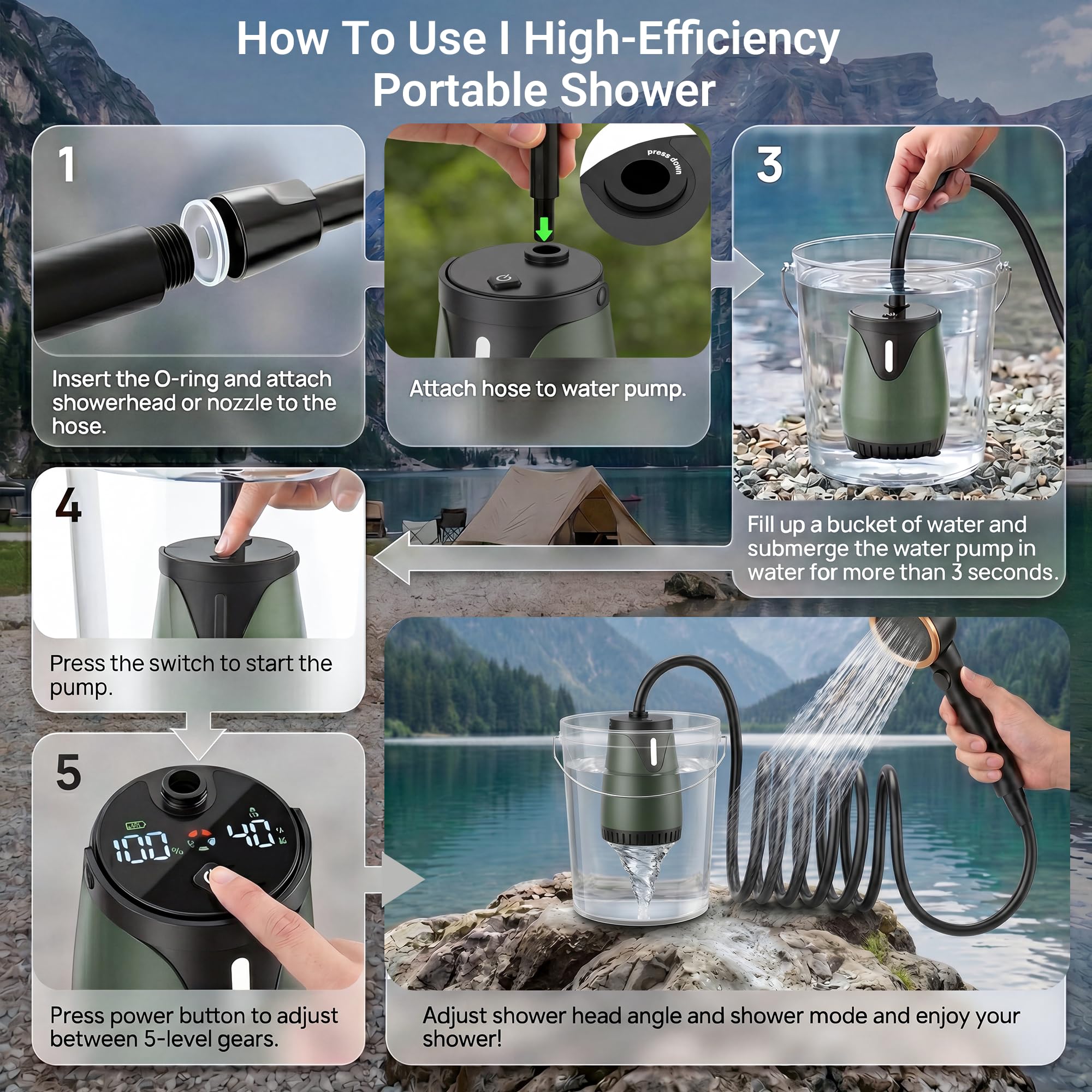 Douche de camping portable, 8 000 mAh, longue durée, rechargeable avec écran LED, 5 modes de pulvérisation, haute pression d'eau, pompe de camping étanche IPX8 pour randonnée, voyage, voiture