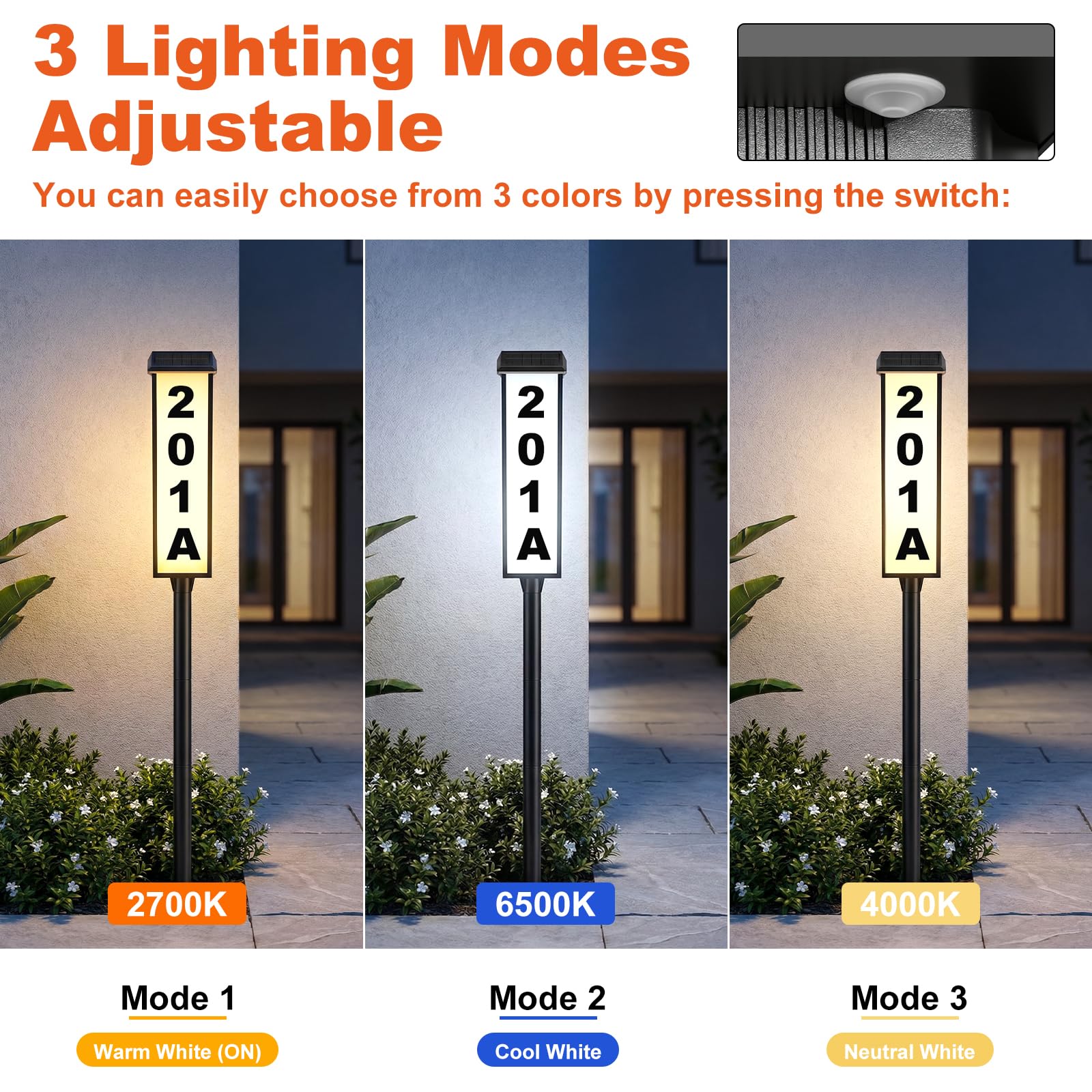 Brightever Segnali solari per indirizzi, numero civico per esterni, impermeabile, 3 colori, illuminata a LED, con paletto, numeri di indirizzo luminosi a energia solare, per case e cortili, confezione