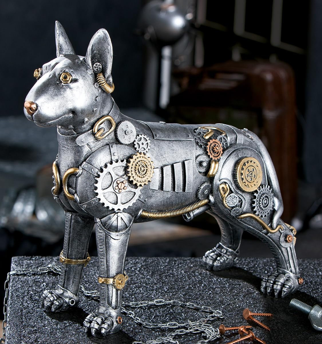 Casablanca dekoracyjna figurka pies Pitbull – figurka zwierzęca w stylu steampunk z żywicy syntetycznej – kolor: antyczne srebro – wysokość 29 cm