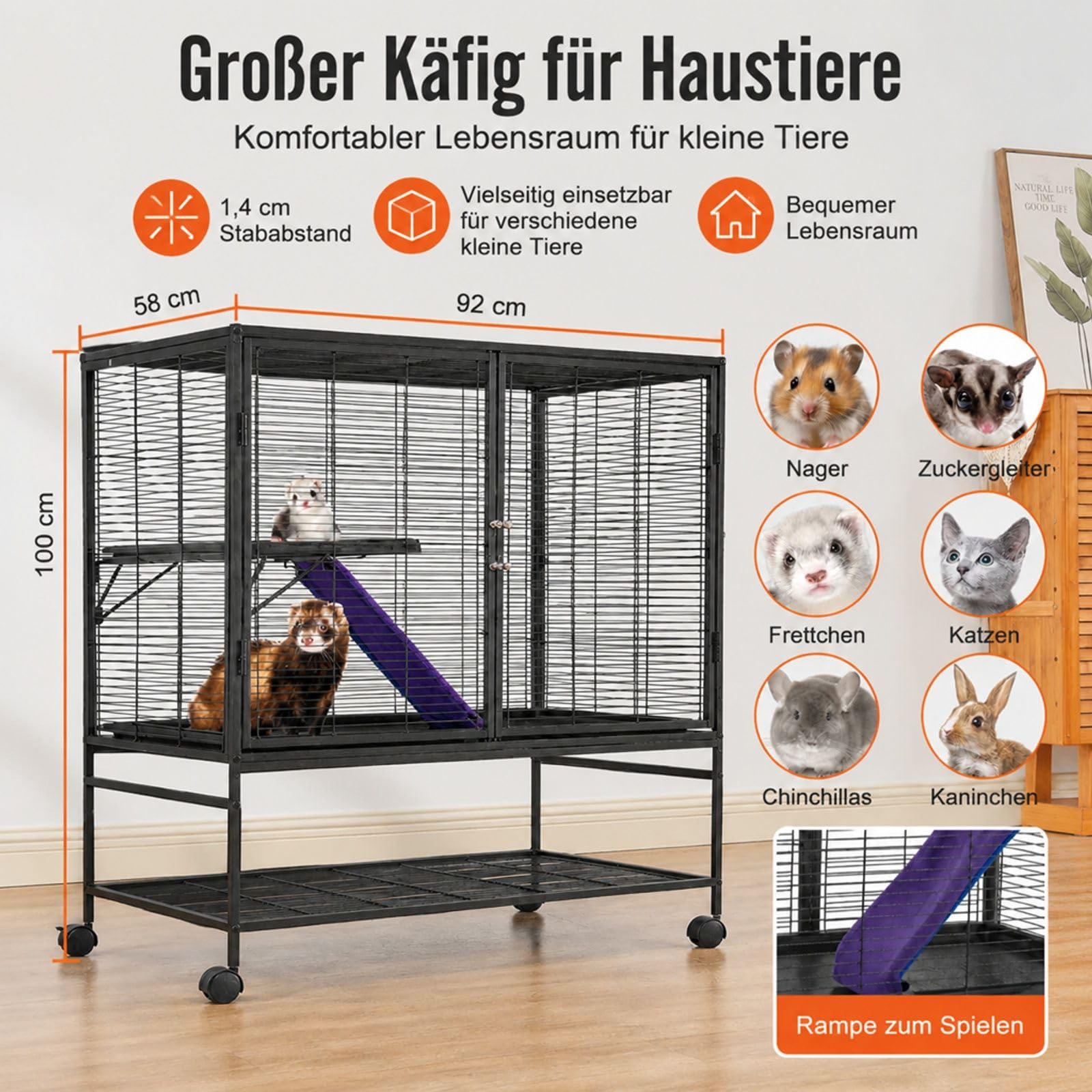 Frettchenkäfig 2-stöckig mit Tablett und Rampe für Kleintiere