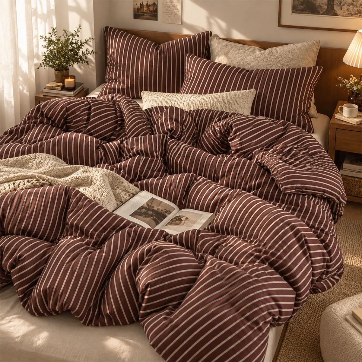 Lanqinglv Single Duvet Cover Sets Vintage Striped Brown Bedding Set
