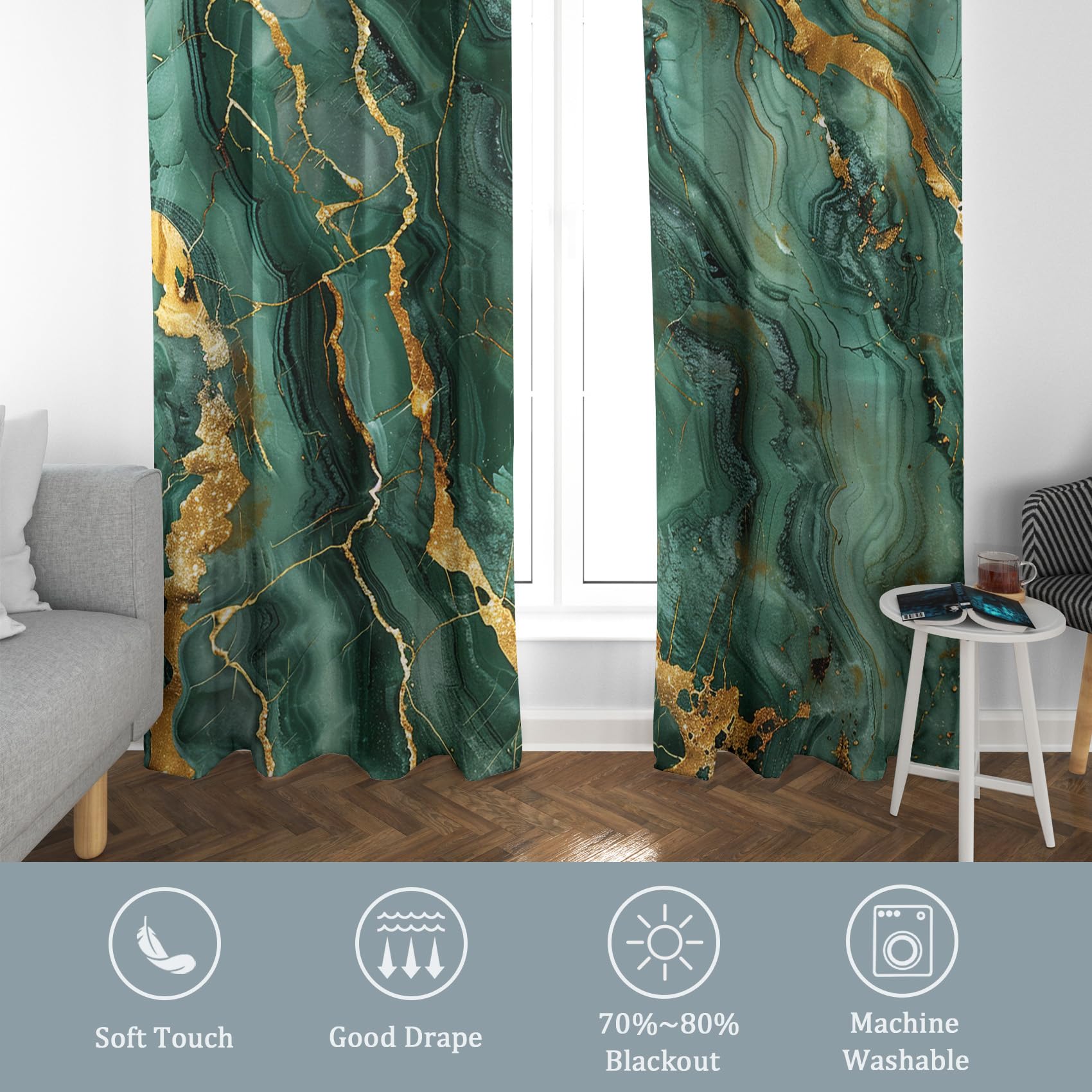 Generico Tende Marmo Verde per Interni Oscuranti 2 Pezzi, Tende Motivo Arte Astratto Moderna, Tenda Camera da Letto Soggiorno Casa Finestra, con Anelli, 140 L x 280 A cm A-X7