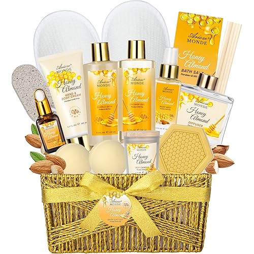Bath & Body Gift Set, Luxury Home Spa Bath Gift Basket, Honey Almond Scented Bath Set, Pamper Gifts for Women & Teens, 15 Pcs Relaxing Home Spa Kit with Bubble Bath, Bath Salts, Body Lotion