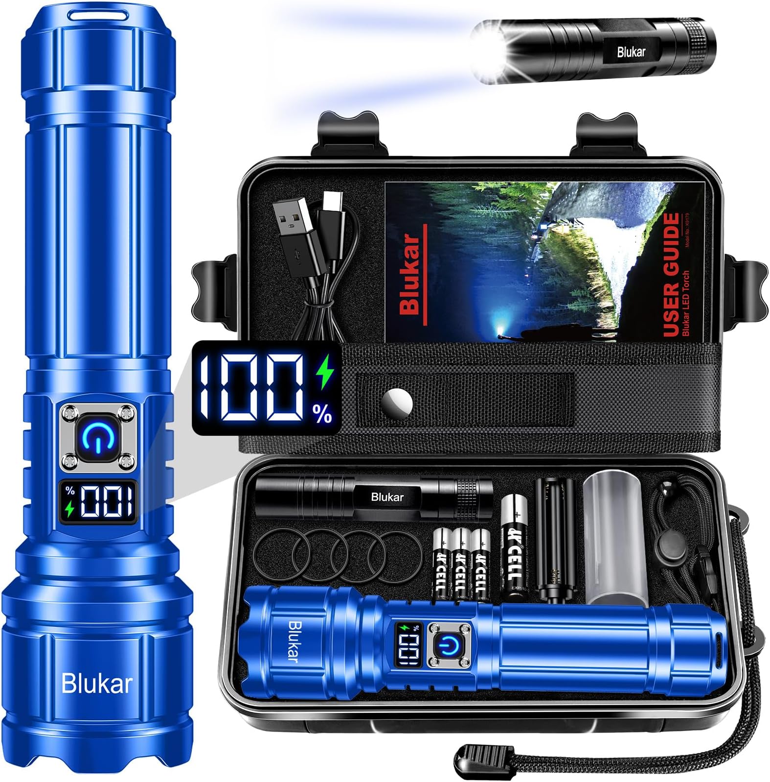 Blukar Torch Rechargeable, Ultra High Lumens Super Bright Flashlight, Adjustable Focus, 5 Modes, 5000 mAh Long Lasting, IP67 Waterproof, Smart Digital Display for Camping, Power Cuts, Emergency- Blue [Energy Class A+++]