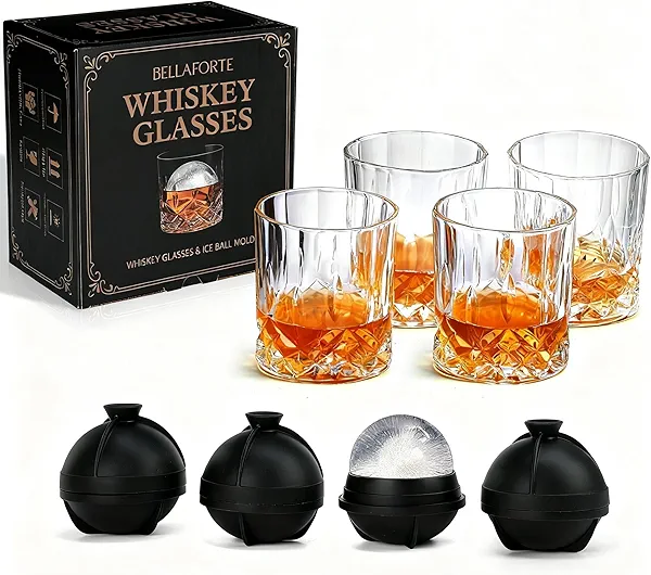 BELLAFORTE Whiskey Glasses, Old Fashioned Glass Set of 8 – 4 Bourbon Glasses + 4 Silicone Ice Ball Molds, Premium 10oz Crystal Rocks Glass, Perfect for Scotch, Cocktails, Rum – Ideal Gifts for Men