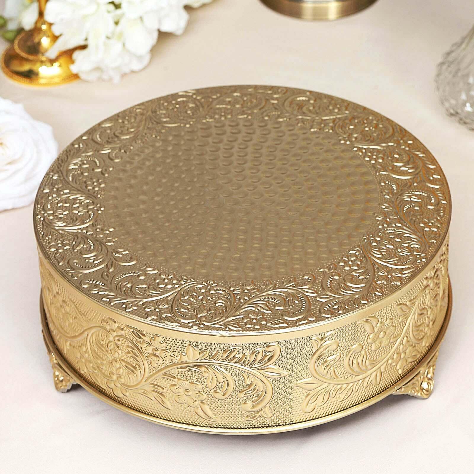 TABLECLOTHSFACTORY GOLD Round Embossed Metal Cake Plateau Stand Riser Wedding Dessert Display Plate