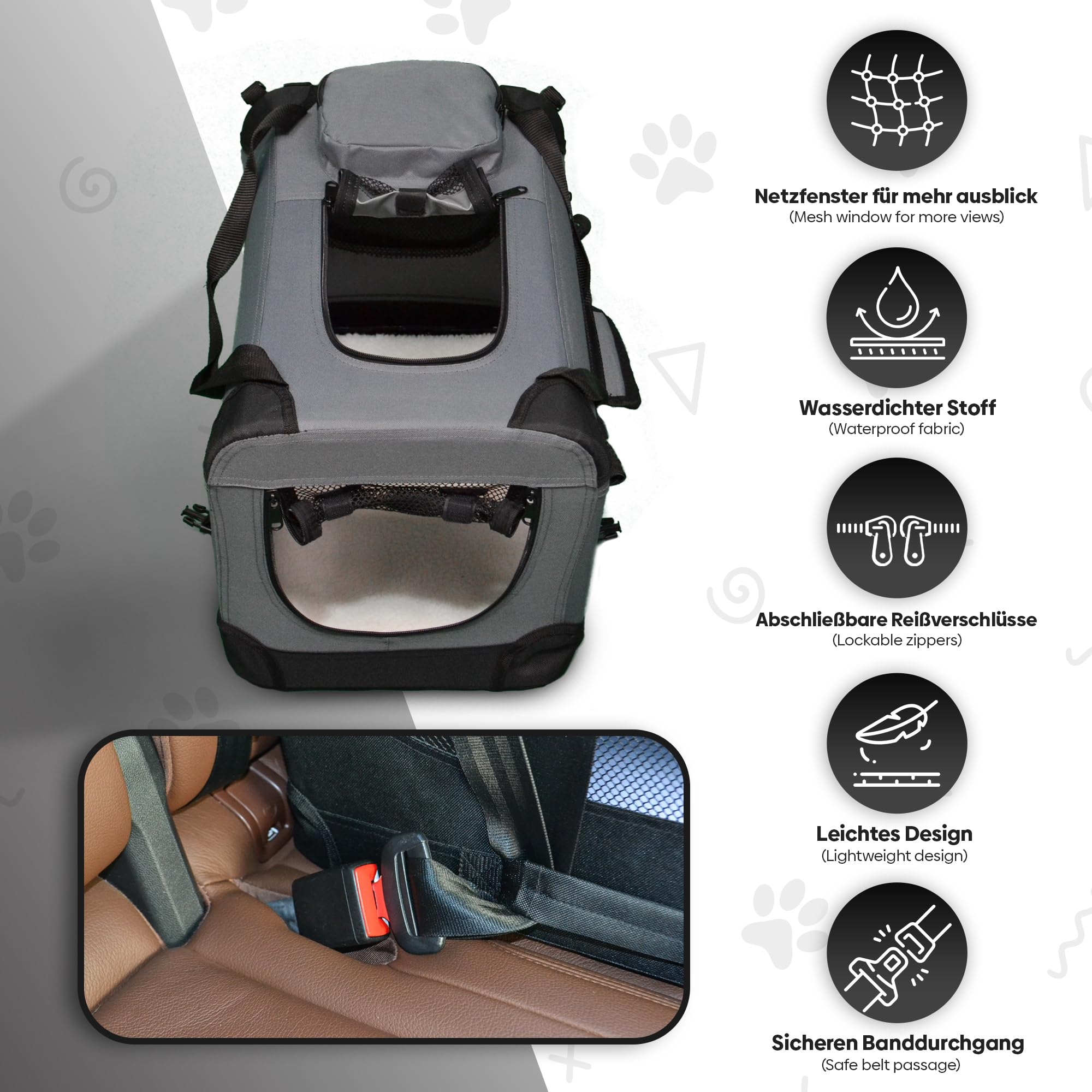DEFACTO Hondenbox, opvouwbaar, voor auto en reizen, hondentransportbox & hondentas voor honden, katten en huisdieren, robuuste opvouwbare transporttas, ademend, draagbaar, L, grijs