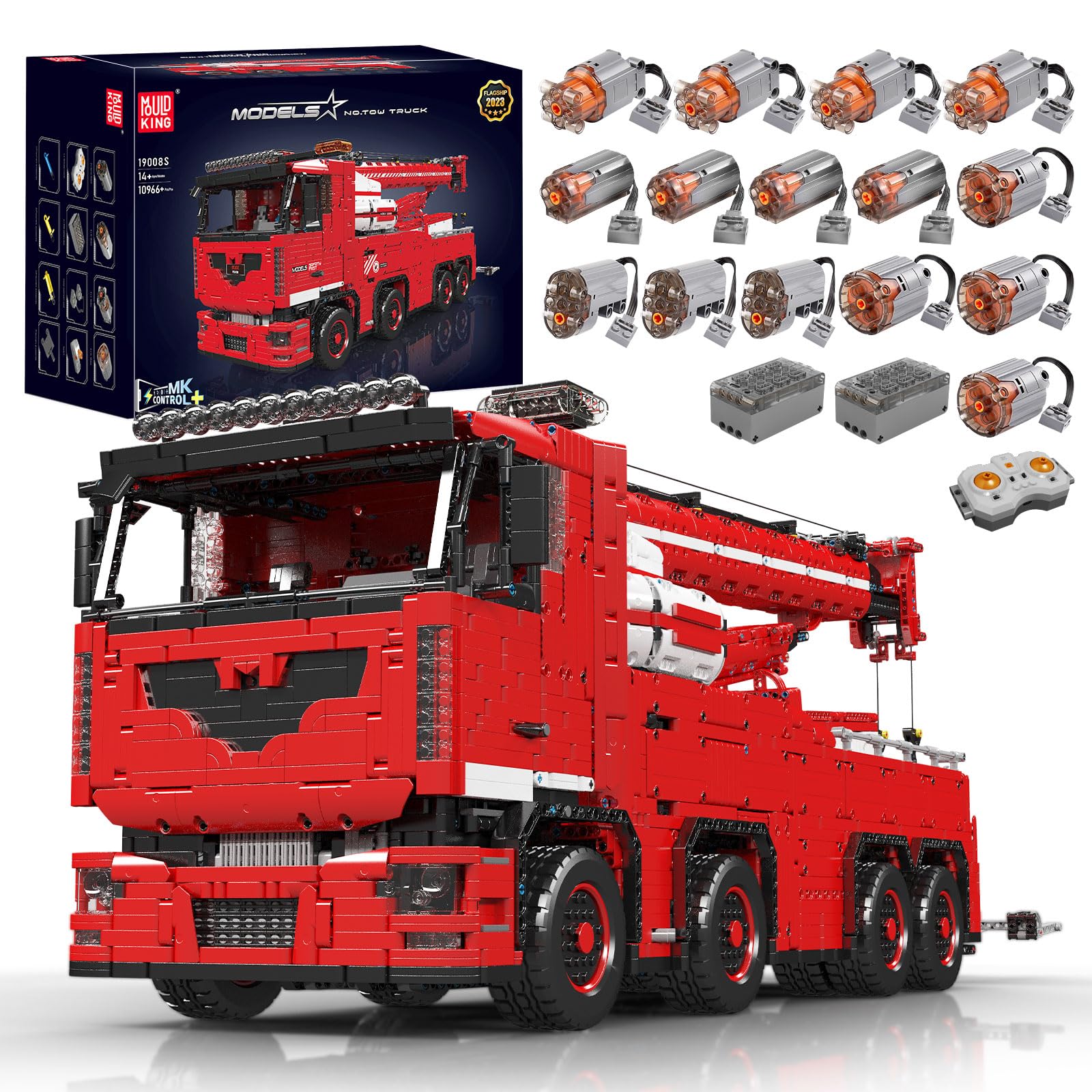 Mould King 19008 Carro Attrezzi Versione Dinamica dei Blocchi del Modello di Camion da Costruzione, 10966 Pezzi Kit di Montaggio del Demolitore Autocarro con Gru Pneumatica con 19 Motori Kit