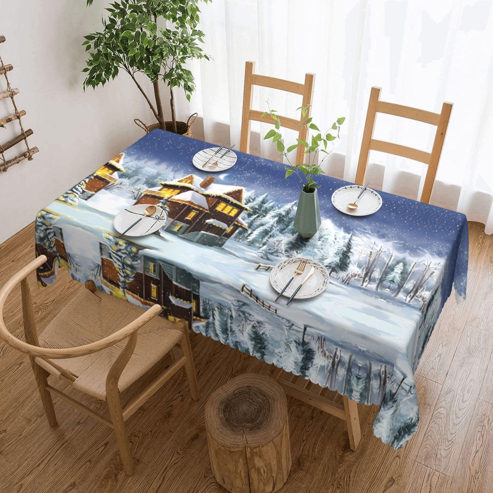HLSBSSL Christmas Winter Happy Scene Patterned square lace tablecloth, wrinkle-resistant and durable, suitable for dining tables, parties, etc.