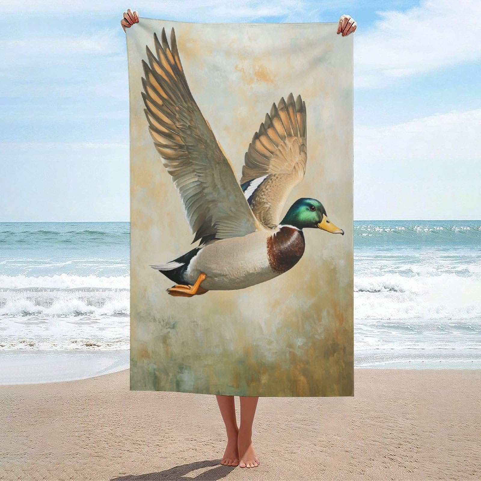 LSRCPD Mallard Duck in Mid-flight Vintage Beach Towel Sand Free Microfiber Large Shower Towels Multipurpose Absorbent for Bathroom Pool 130x80 CM