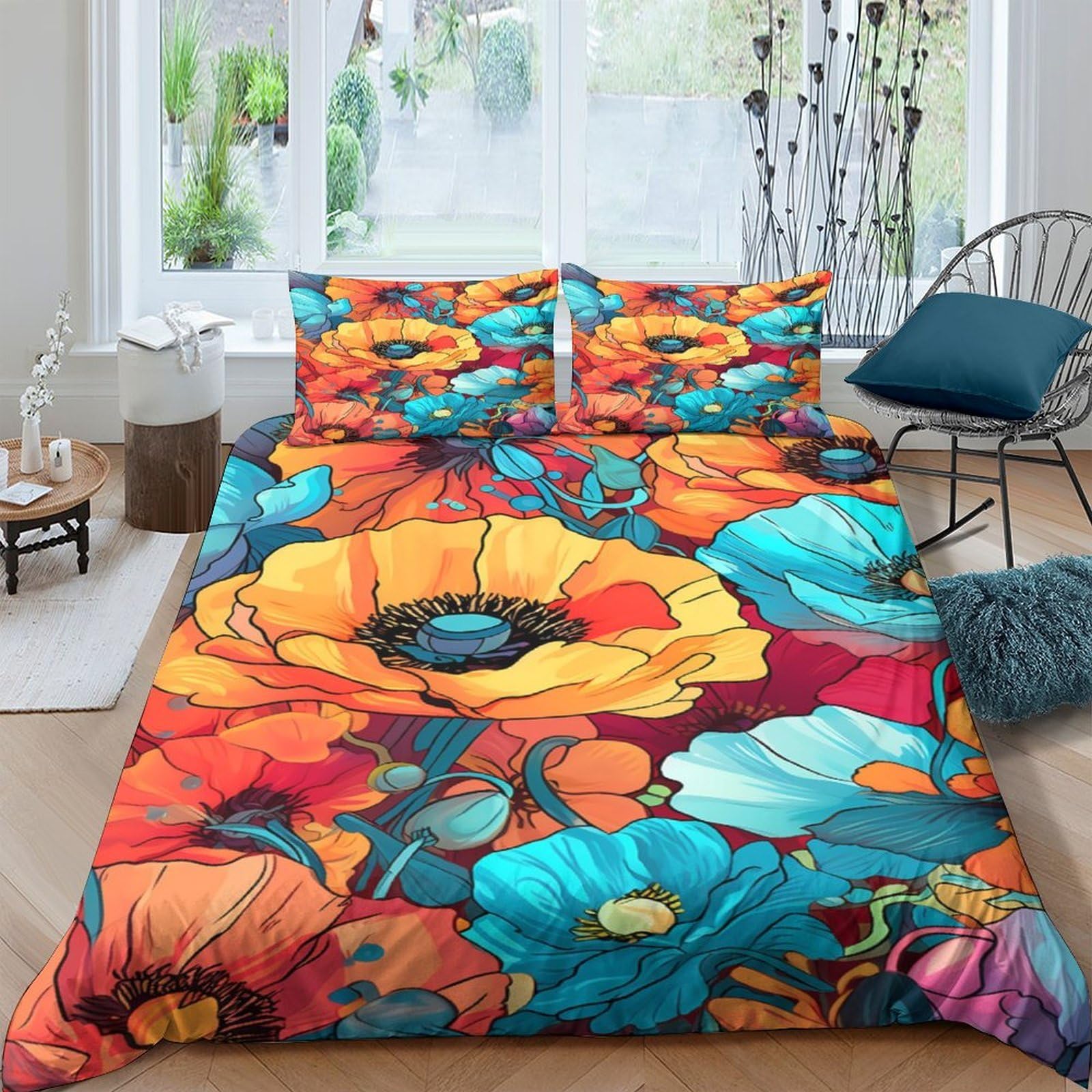 TUFRTGYHN 3D Printed Vibrant Poppy Floral Duvet Cover Microfiber Soft Breathable Blue Orange Bedding Set with 2 Pillowcases for Bedroom Decor Single（135x200cm）