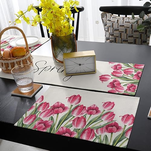 Miniatura 4 de Juego de manteles individuales de flores de primavera con camino de mesa a juego juego de mesa de arpillera de algodón y lino 6 alfombrillas de