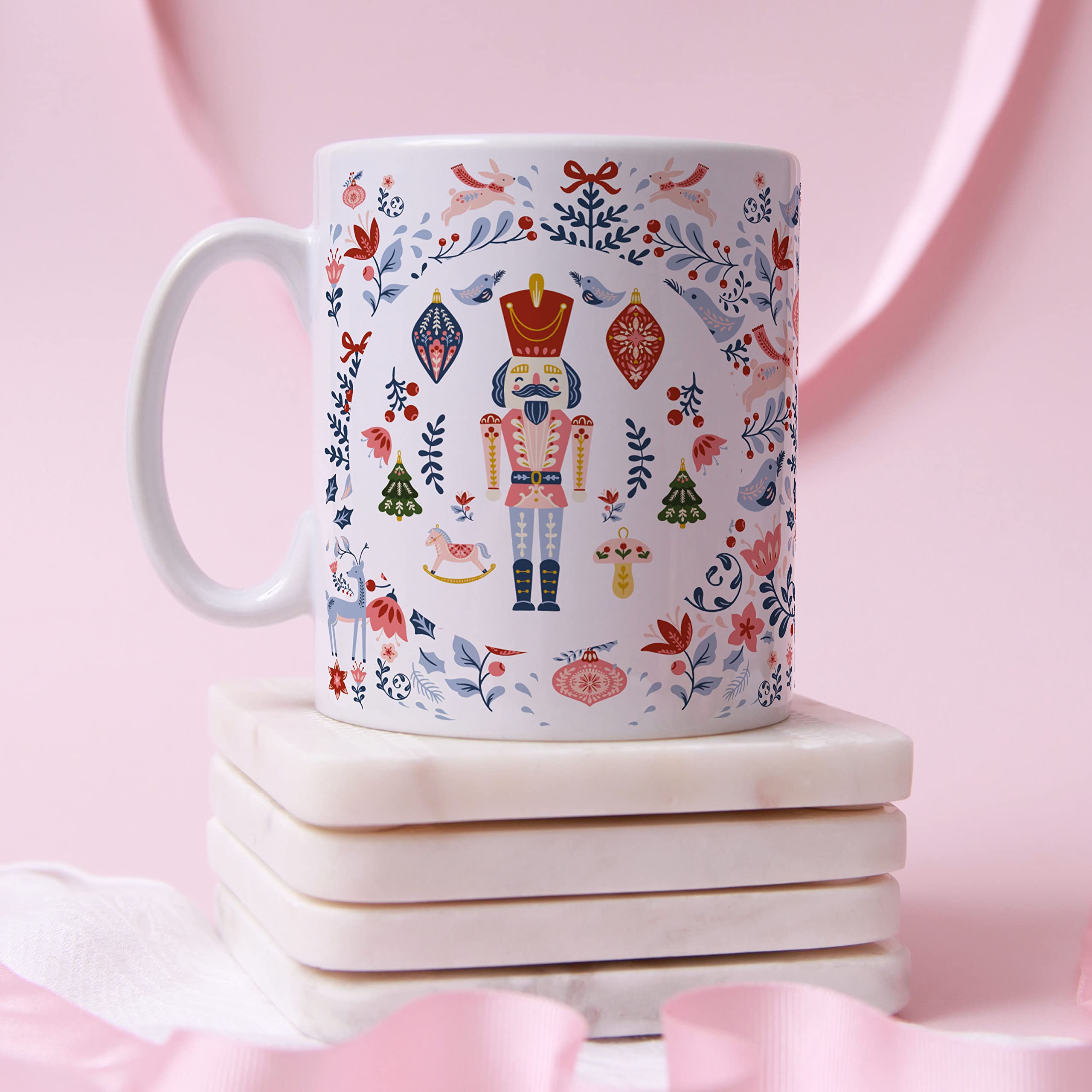 Pink Positive Nutcracker Christmas Mug with Folk Nordic Pattern, White, 10 oz - Image 3