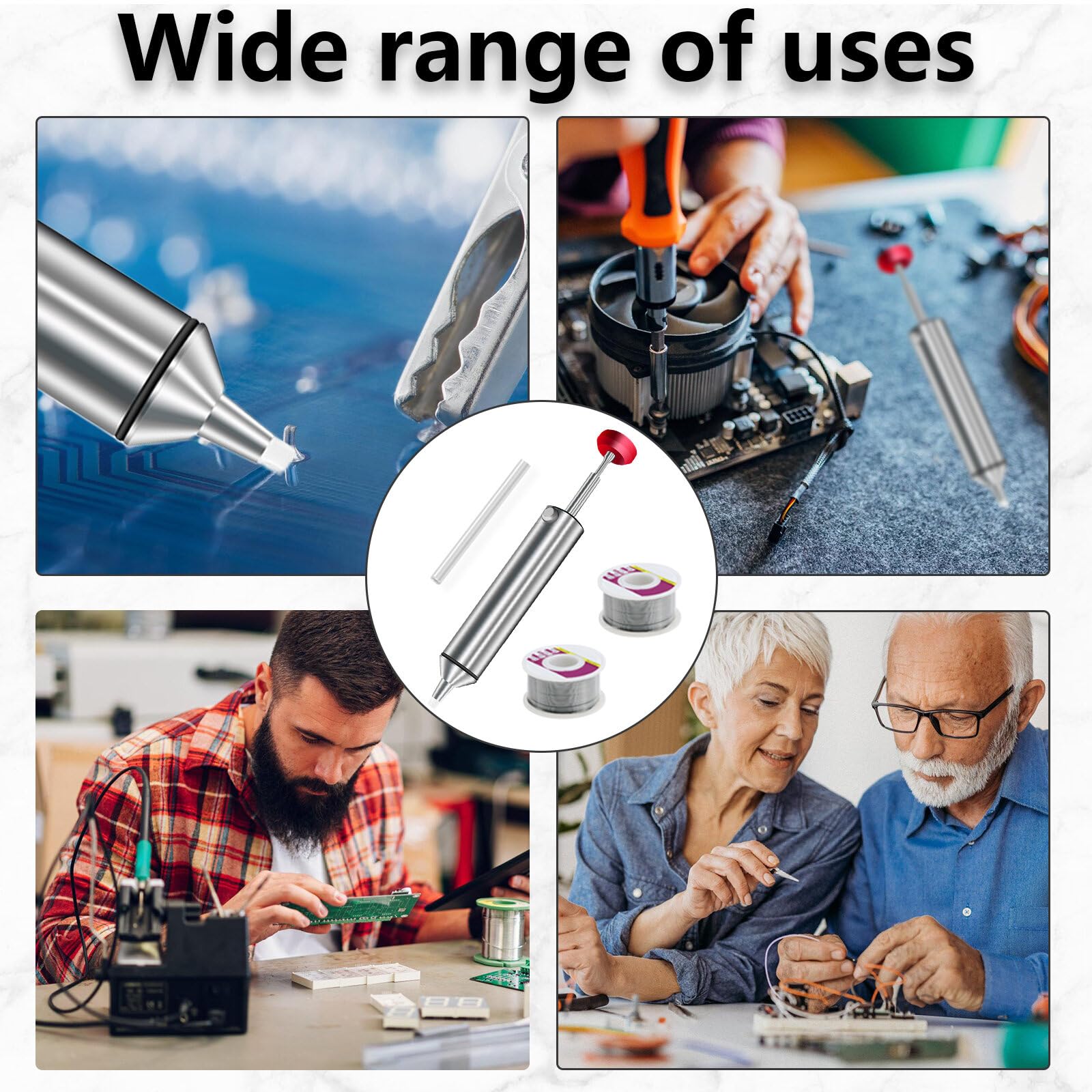 Pompa dissaldante, pompa desoldering con 2 ugelli in silicone e 12 tubi dissaldanti (larghezza 2,5 mm, lunghezza 1,5 m), alloggiamento di alta qualità in alluminio, pompa dissaldante con ugello in