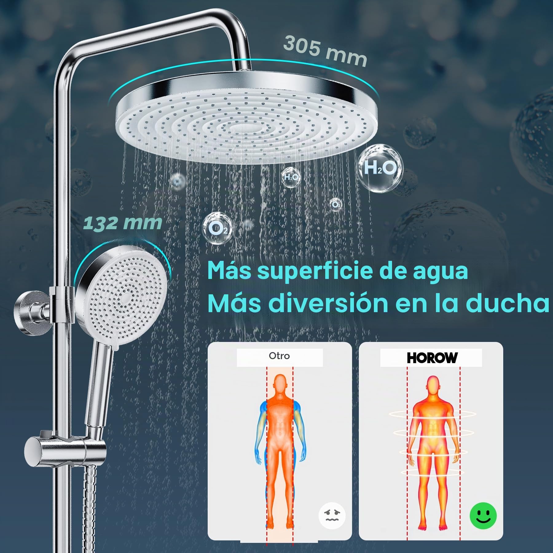 HOROW Columna de ducha termostática con altura regulable- Lluvia de Techo 30 cm + Mano 13 cm con 5 Modos, Ajustable en Altura, Acabado Cromado