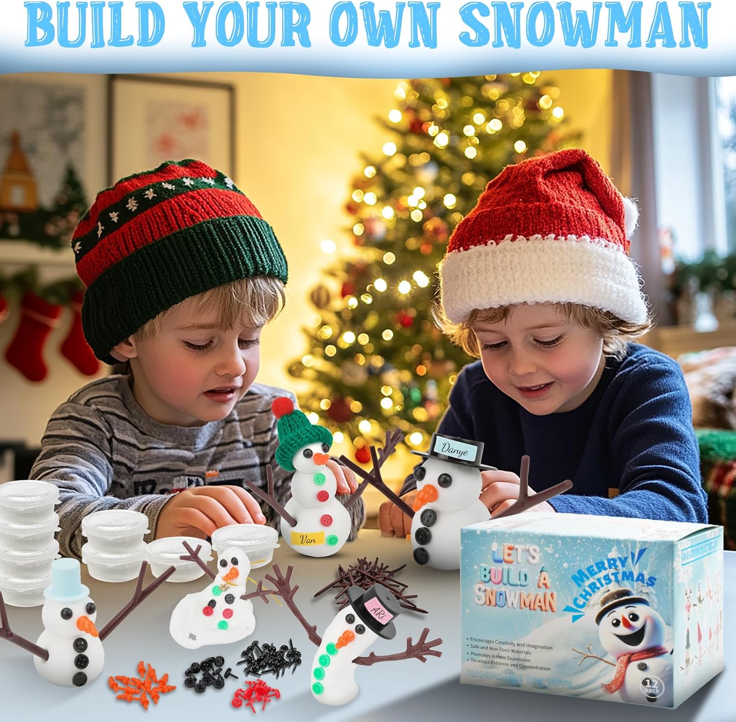 KESOCORAY 24 Pack Build a Snowman Kit with Personalized Name Tags,Indoor Christmas Crafts for Kids, Air Dry Modeling Clay, DIY Snowman Decorations Stocking Stuffers (Girls/Boys) image 3