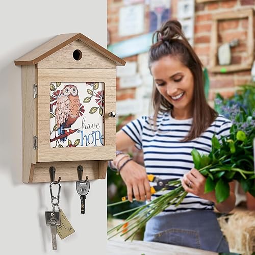 Miniatura 3 de Soporte decorativo para llaves de pared con diseño de búho, caja de llaves de madera, ganchos para llaves montados en la pared, estante de