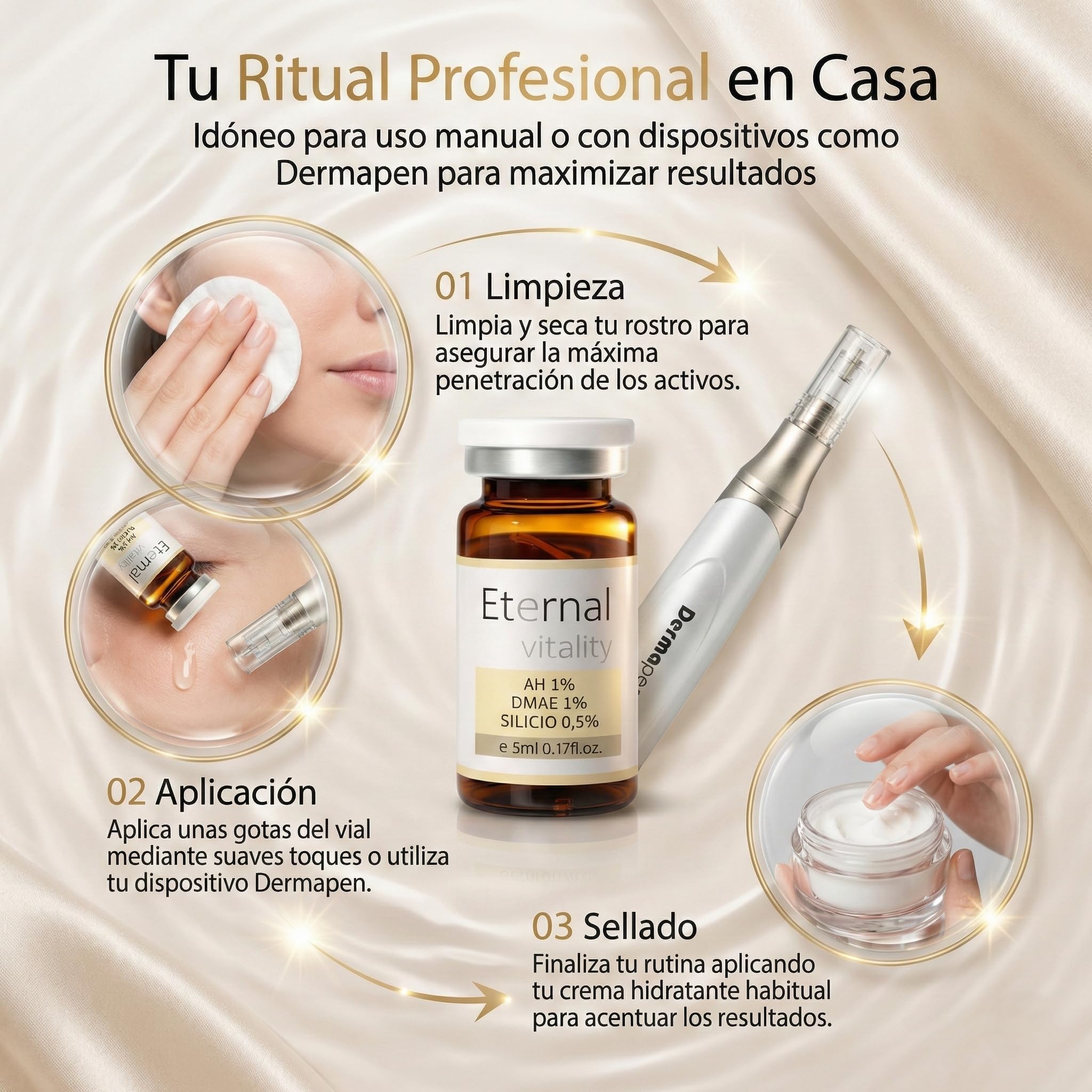 Ácido hialurónico 1% + DMAE 1% + Silicio orgánico 0.5%,viales 5ml. Suero facial reafirmante anti edad. Hidratación intensiva y efecto lifting natural. (3 Viales)
