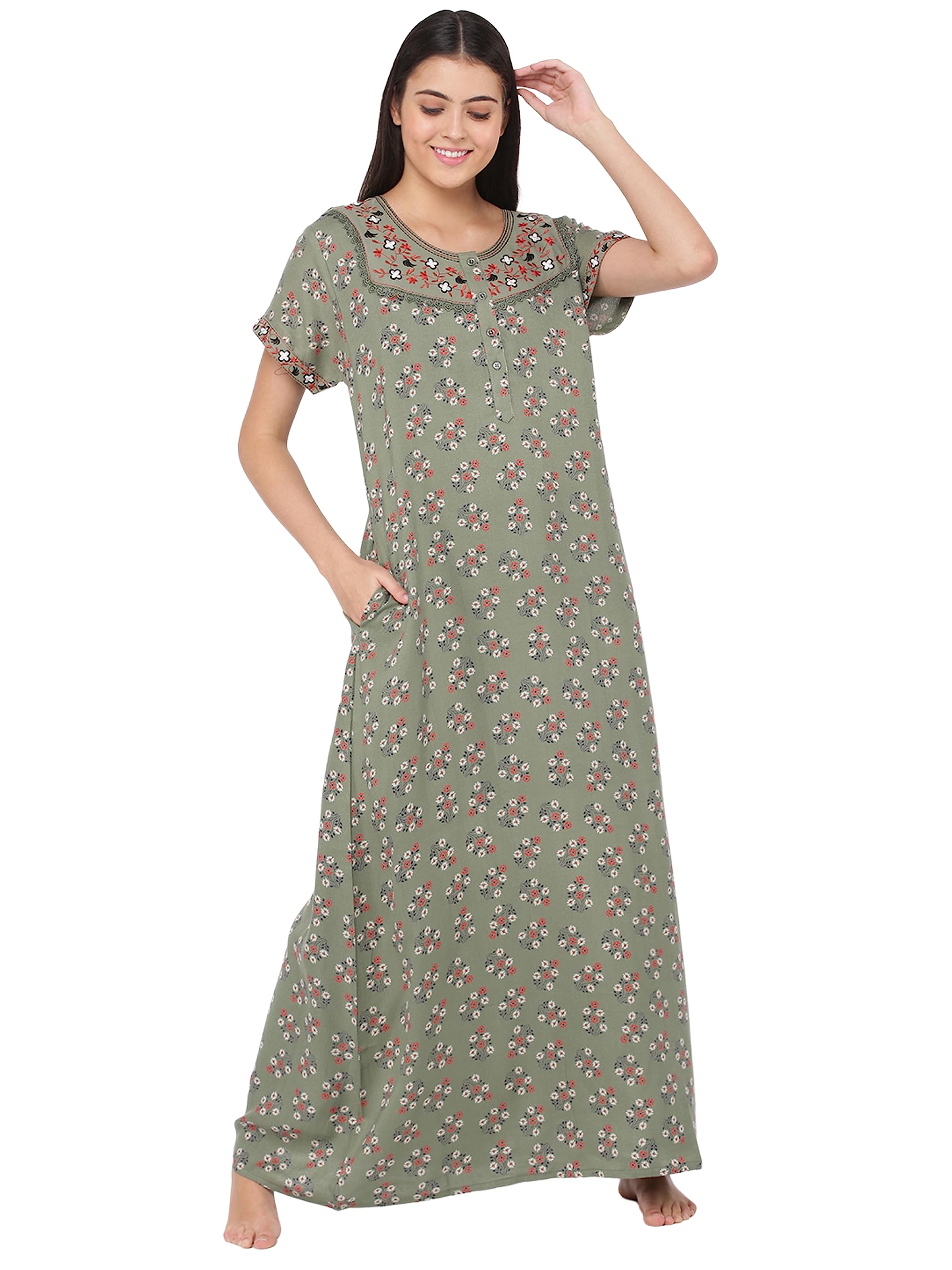 Alpine Designer Nighty for Women | Floral Printed Maxi Night Gown | Comes with Attractive Embroidery On The Neck (2455)