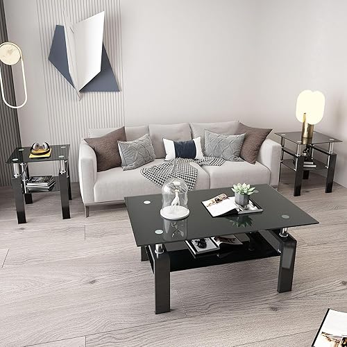 Miniatura 7 de IANIYA Juego de mesa de 3 piezas para sala de estar, moderno juego de mesa de centro de vidrio templado, mesa auxiliar de cristal con marco de metal