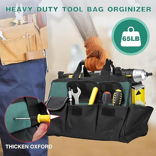 Miniatura 4 de Bolsa de herramientas resistente para hombres, 19 bolsillos de boca ancha, bolsas portátiles para herramientas, organizador de almacenamiento con
