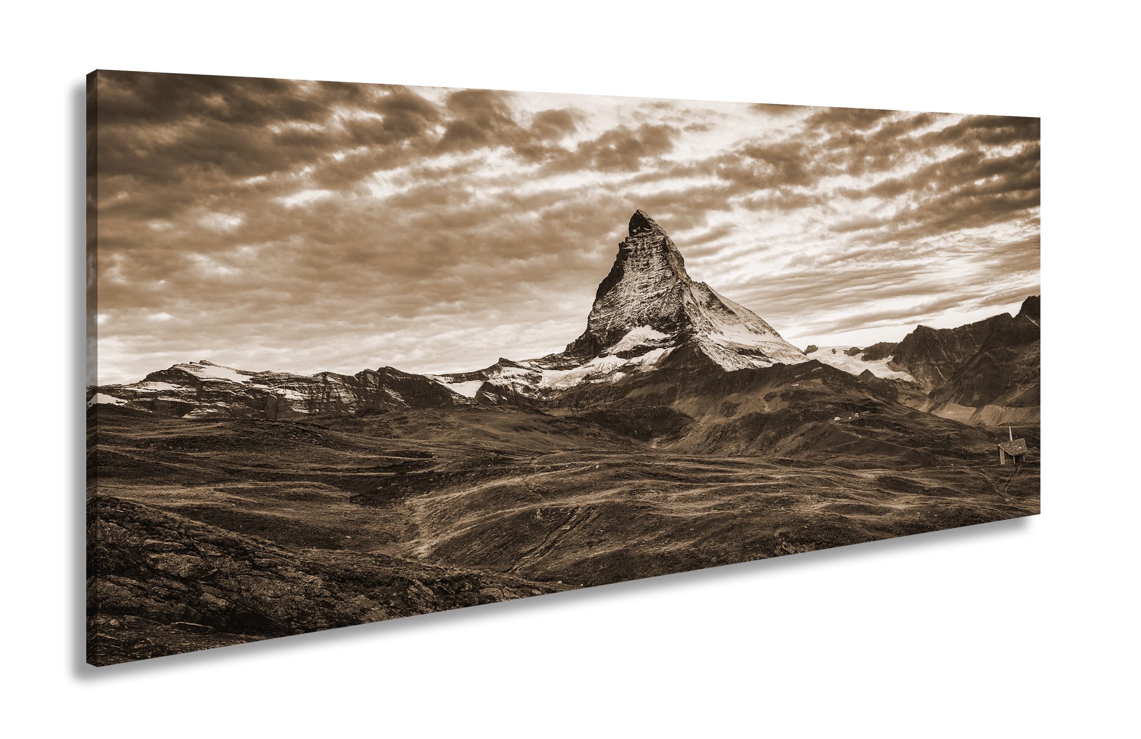 Leinwandbild Mächtiges Matterhorn unter dramatischem Abendhimmel Panorama 120x60cm Effekt:Sepia XXL Kunstdruck Bild auf Keilrahmen/Wandbild/Wohnzimmer Dekoration