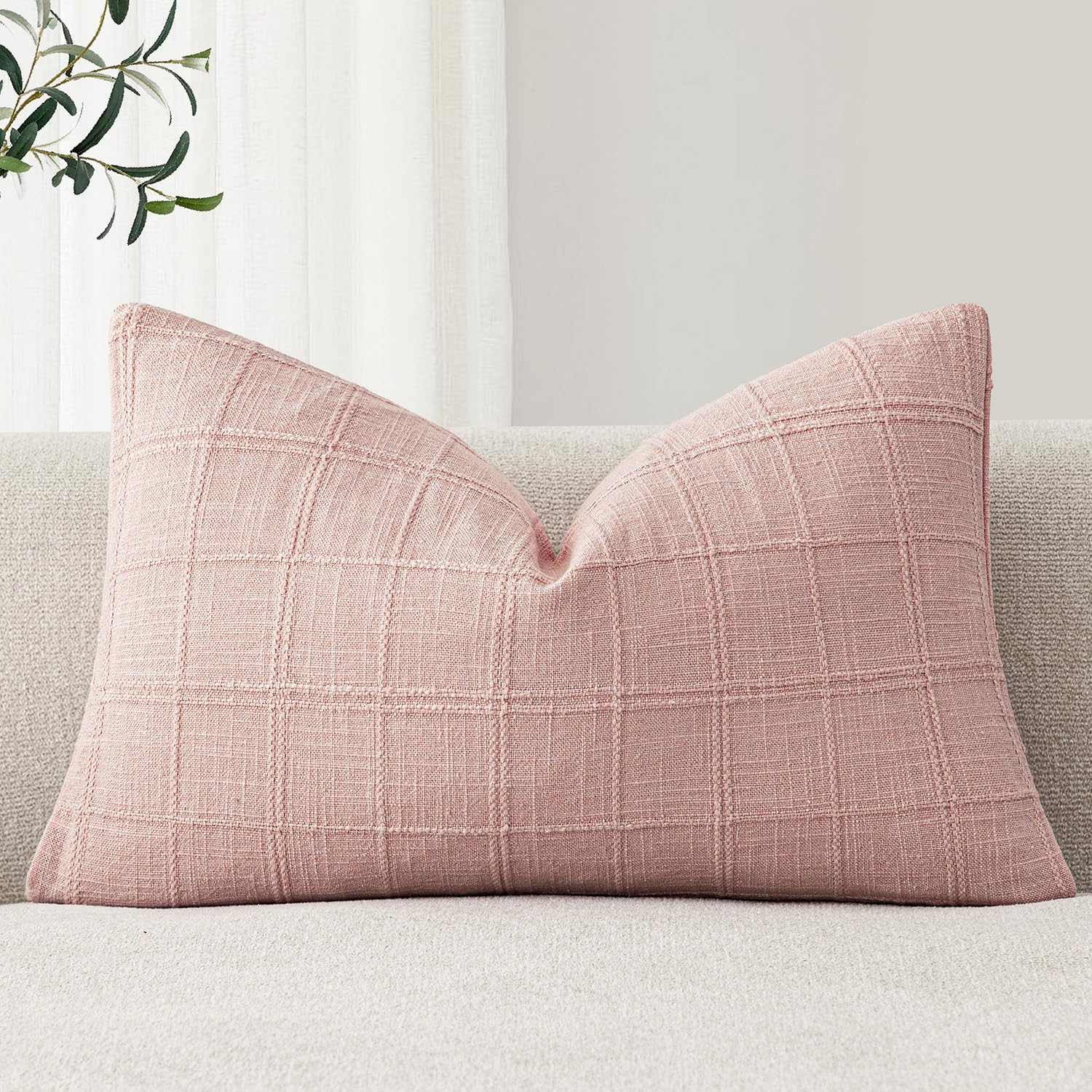 Foindtower Set of 1 Decorative Linen Check Throw Pillow Cover Neutral Farmhouse Lumbar Cushion Cover Modern Coastal Boho Accent Home Decor for Sofa Chair Couch Bed Living Room,12×24 Inch,Light Pink