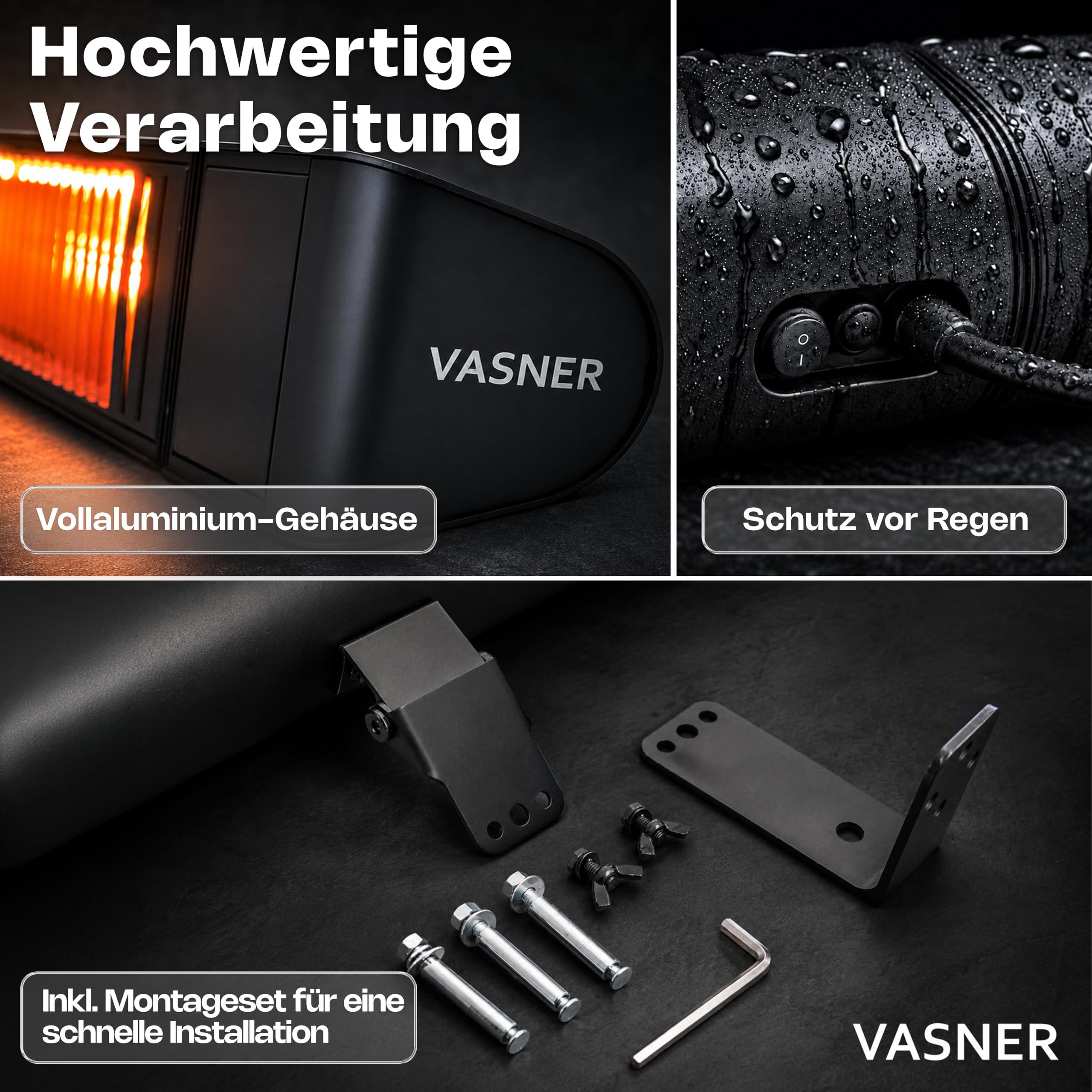 Infrarot Heizstrahler Outdoor - Terrasse Elektrisch - Decke - Fernbedienung | VASNER Infrarot Heizstrahler Terrasse - Decken- & Wandmontage hängend - elektrisch 2000 Watt - 6 Heizstufen - Schwarz IP65