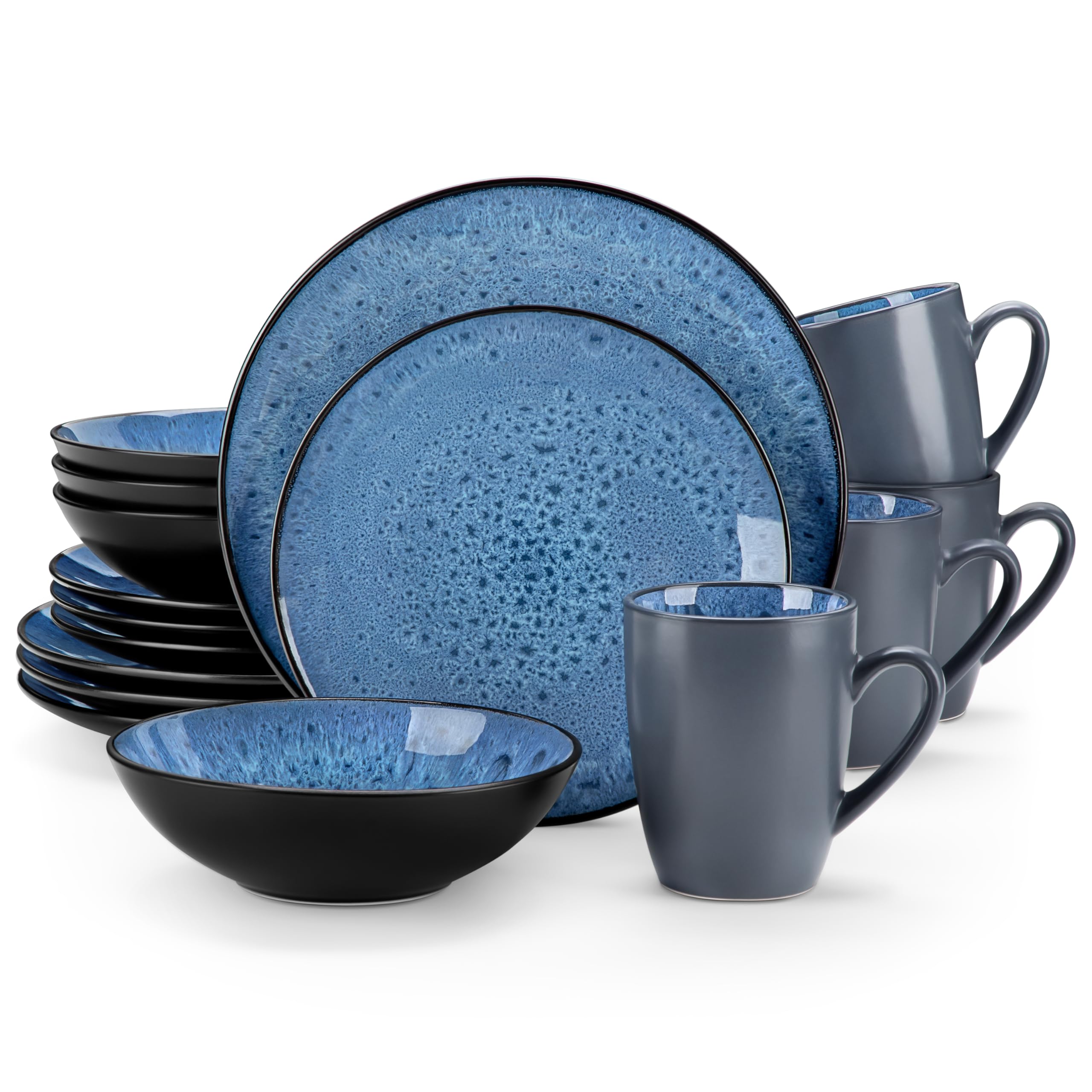 vancasso Bubble Blue Dinner Set, 16-Piece Reactive Glaze Dinnerware Plates and Bowls Set, Dinner Service with 11in Plate, 8in Dessert Plate, 7in Bowl and 380ml Mug, Service for 4