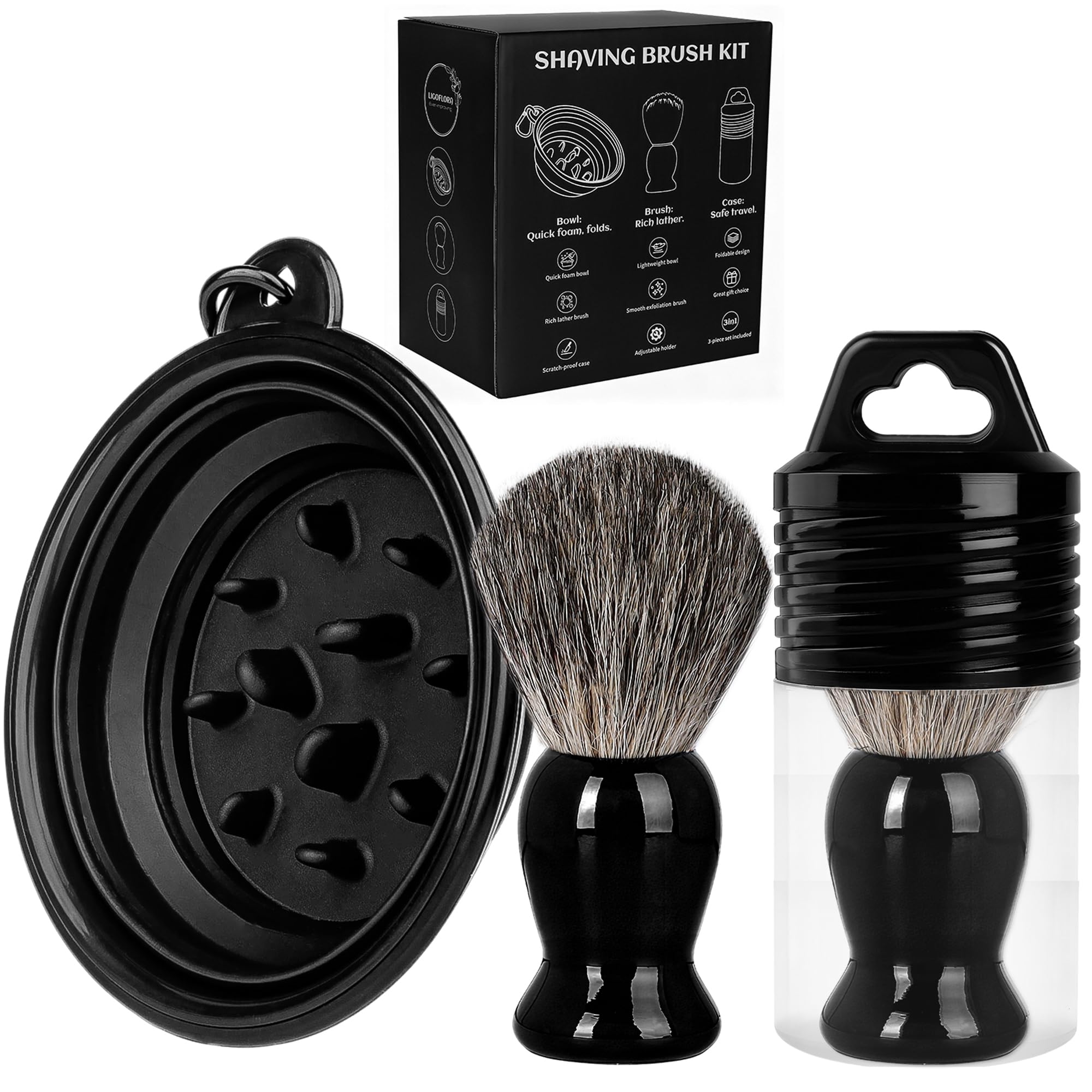 Shaving Brush Set for Men 3 in-1Natural Badger Hair Shaving Brush Foldable Silicone Bowl Spiral Opening Brush Case