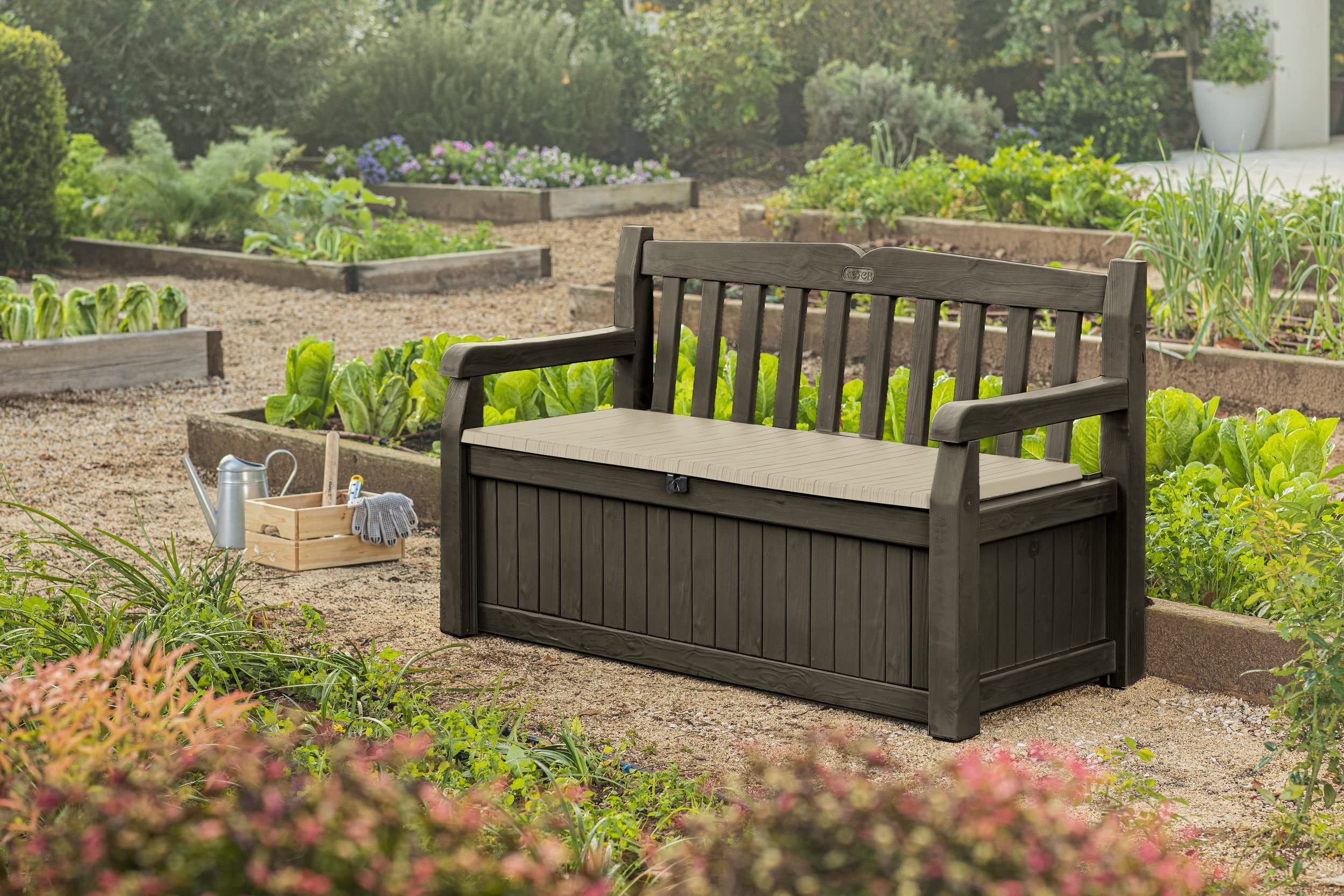 Iceni 265l Keter Patio Wood Effect Garden Storage Bench Keter