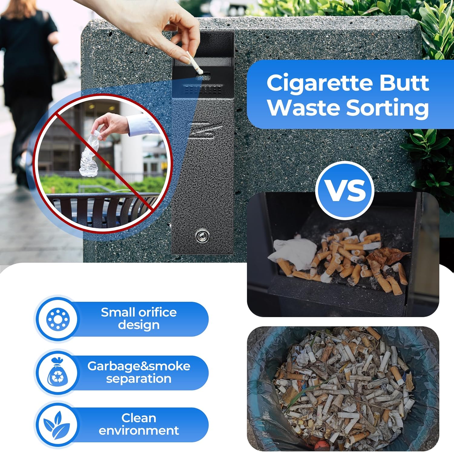 Wall mounted Cigarette Butt Disposal,Receptacle,Ashtray,Bin,Fireproof, Prevention of Waterlogging, Corrosion Resistant, Smokeless, Suitable for Shop Entrance,Outdoor,Park,Smoking Areas.Grey