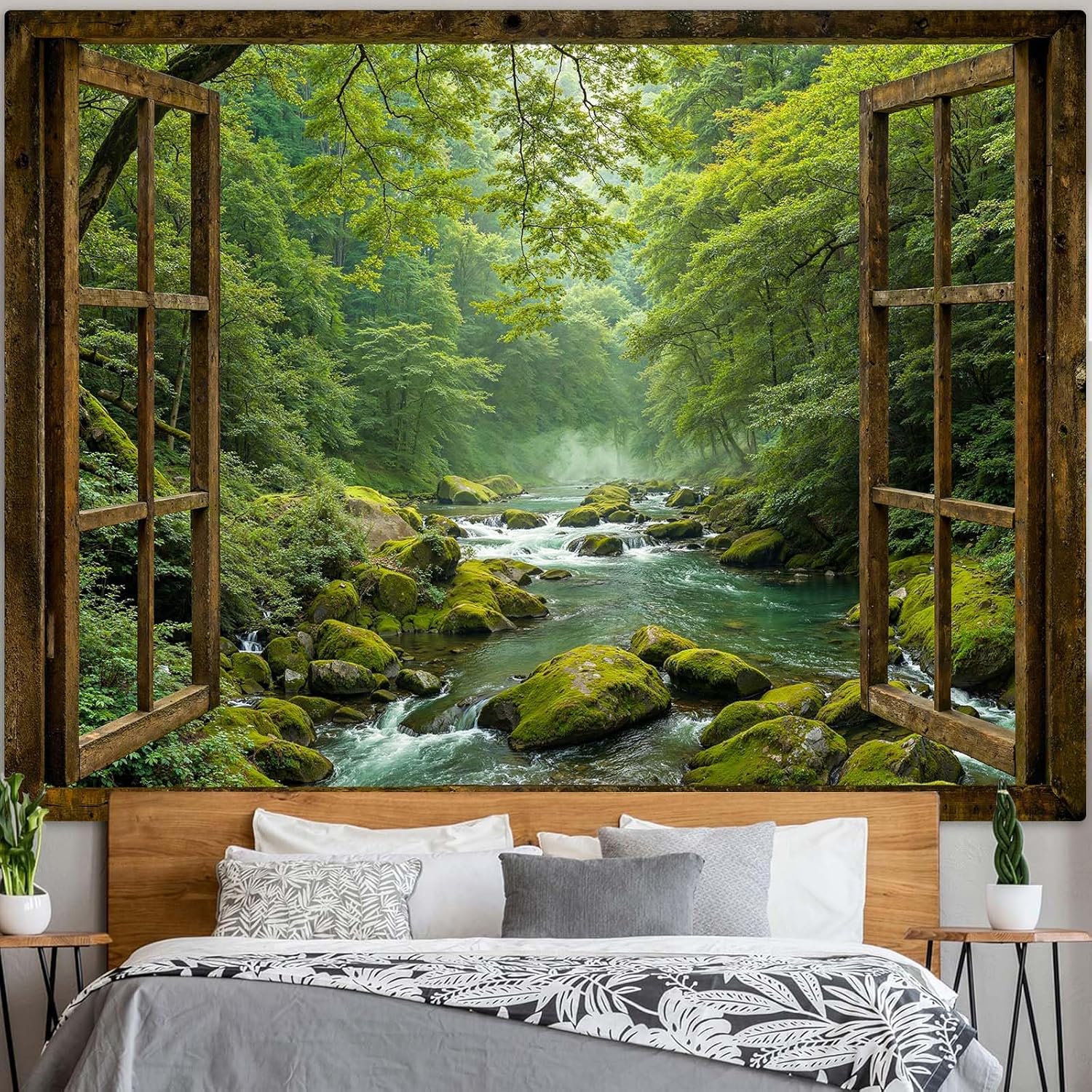 Accnicc Window Forest Tapestry Green Nature Jungle Wall Tapestry for Bedroom Aesthetic Rainforest Stream Outdoor Landscape Extra Large Tapestries Wall Hanging for Dorm Living Room Decor 90 x 68 Inch
