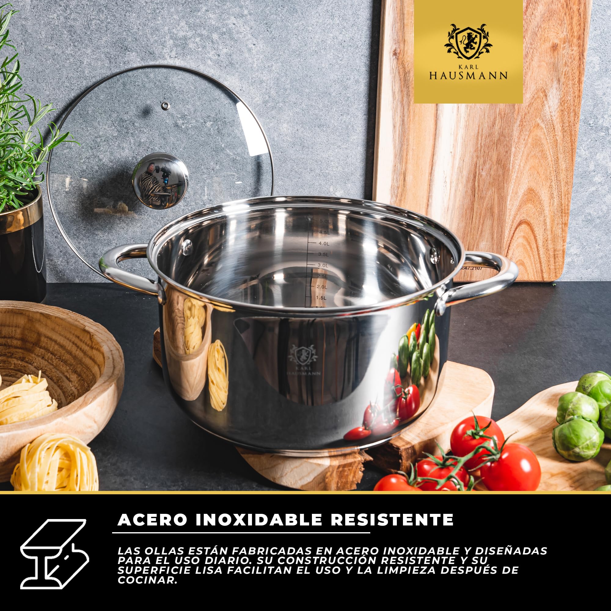 KARL HAUSMANN Bateria Cocina Acero Inoxidable con Tapa de Vidrio - 2 Ollas y 1 Cazo, Aptas para Inducción, Fondo Multicapa para Cocción Uniforme, Válidas para Todo Tipo de Cocinas