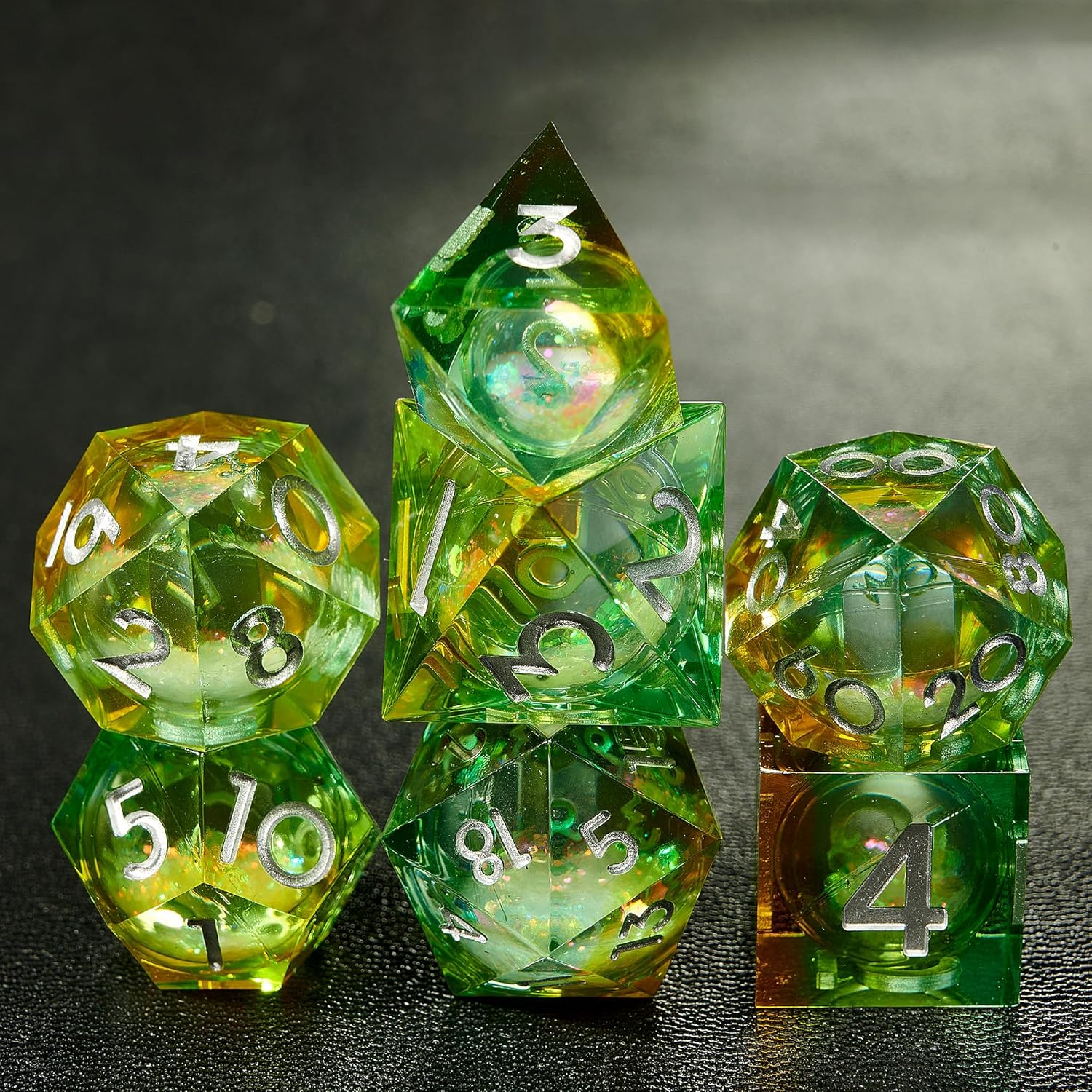Polyhedral Dice Set,7-Piece Sharp Edge D&D Dice,Resin Liquid Core Dice for Dungeons Dragons D and D RPGs, MTG, Pathfinder and Board Games (Glittering Apple Green)