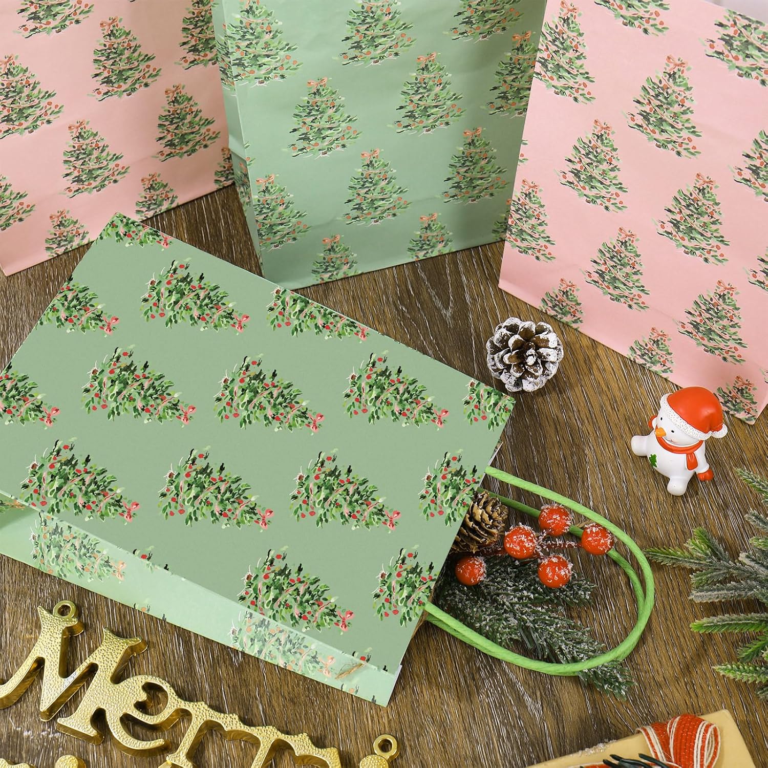 JarThenaAMCS 24Pcs Christmas Paper Gift Bags with Handles Pink Green Xmas Tree Party Favor Bags Candy Goodie Treat Bag for Holiday Birthday Party Supplies - Image 5