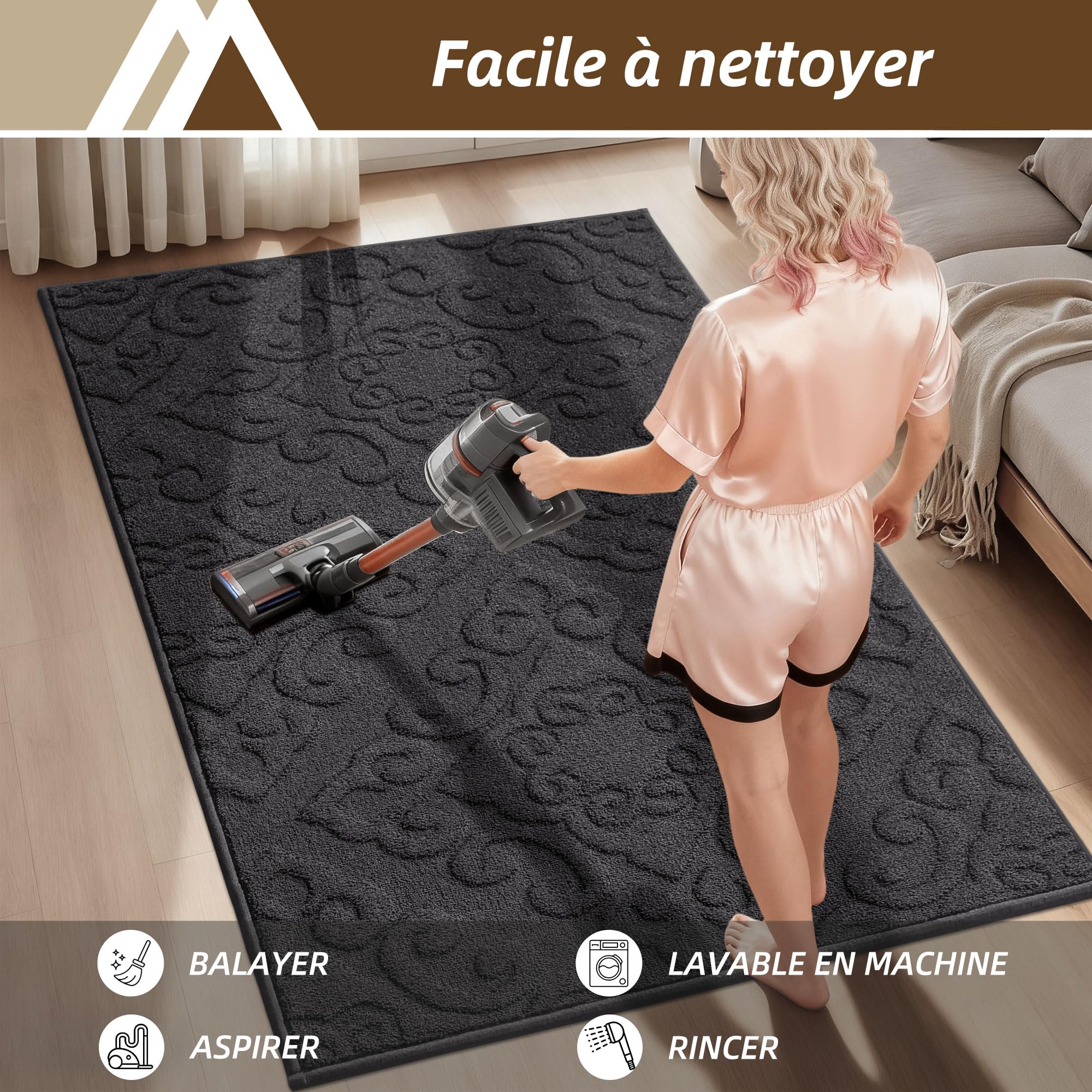 COSY HOMEER Paillasson lavable et antidérapant - Pour entrée et intérieur - 90 x 150 cm - Gris foncé