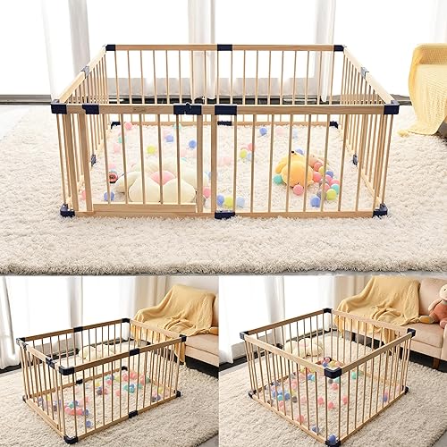 Miniatura 4 de Corralito de madera para bebés y niños pequeños, parque infantil interior y exterior, centro de actividades para niños con base antideslizante,